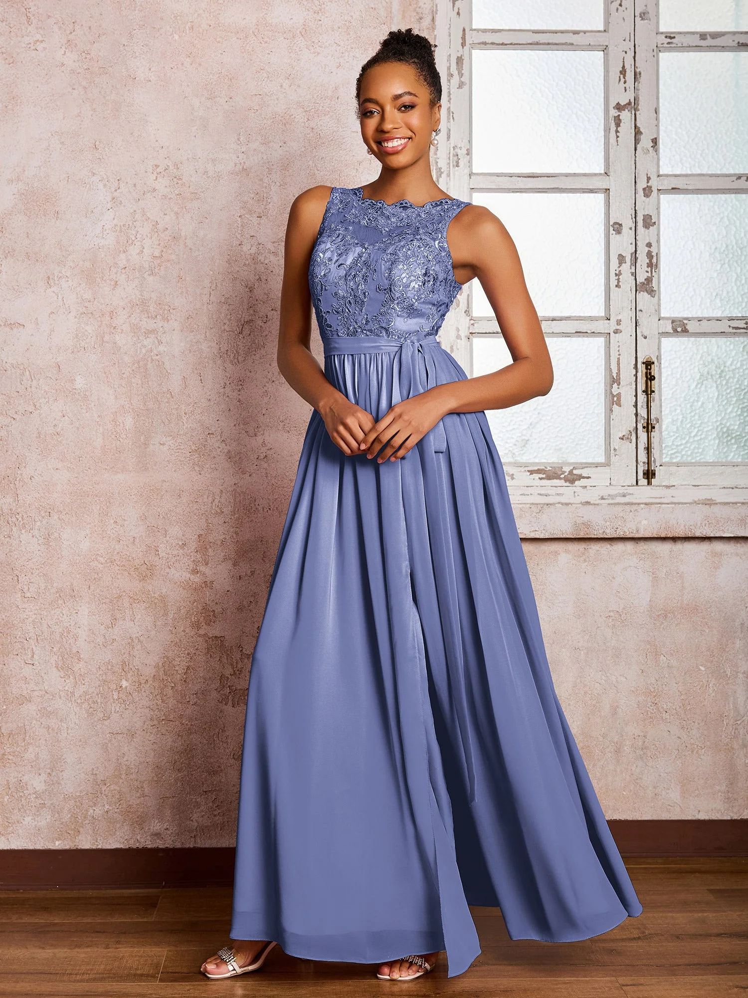 Illusion Ausschnitt Spitzenoberteil Chiffonrock Maxi Kleider mit Schleife Periwinkleblau