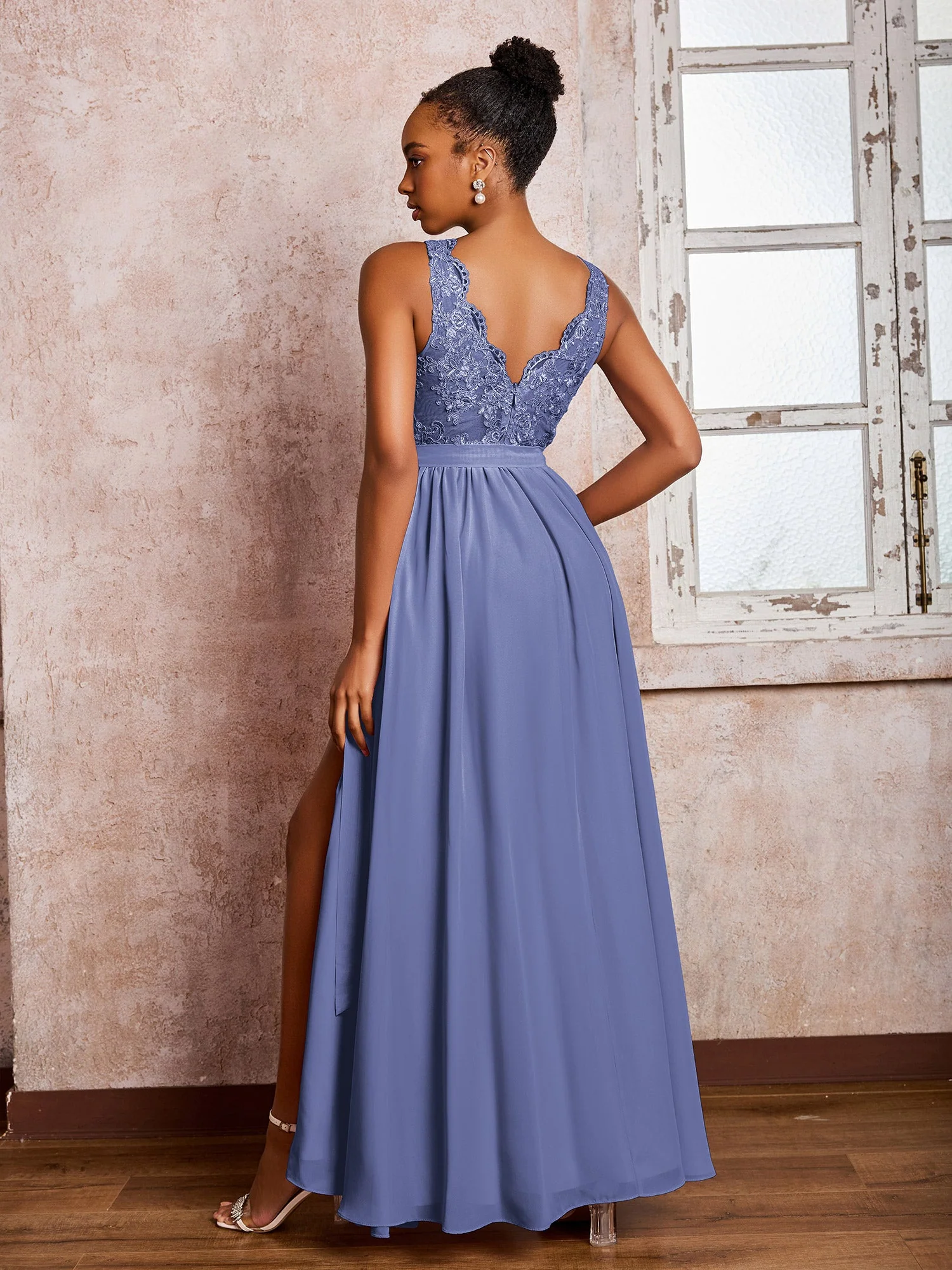 Illusion Ausschnitt Spitzenoberteil Chiffonrock Maxi Kleider mit Schleife Periwinkleblau - Image 2
