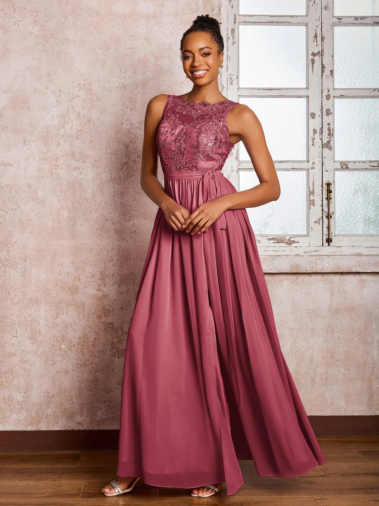 Illusion Ausschnitt Spitzenoberteil Chiffonrock Maxi Kleider mit Schleife Zimtrose