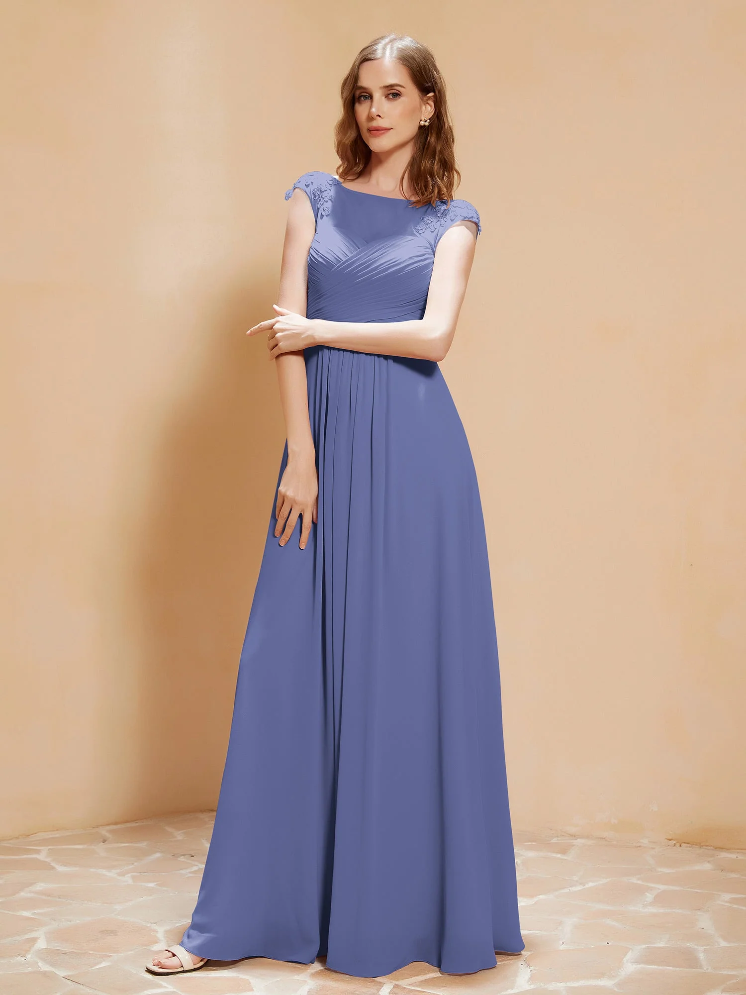Illusion Chiffon und Spitze Cap-Ärmel Kleid Periwinkleblau
