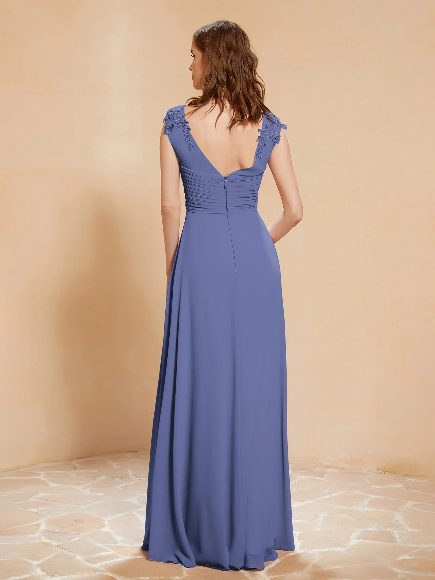 Illusion Chiffon und Spitze Cap-Ärmel Kleid Periwinkleblau - Image 2
