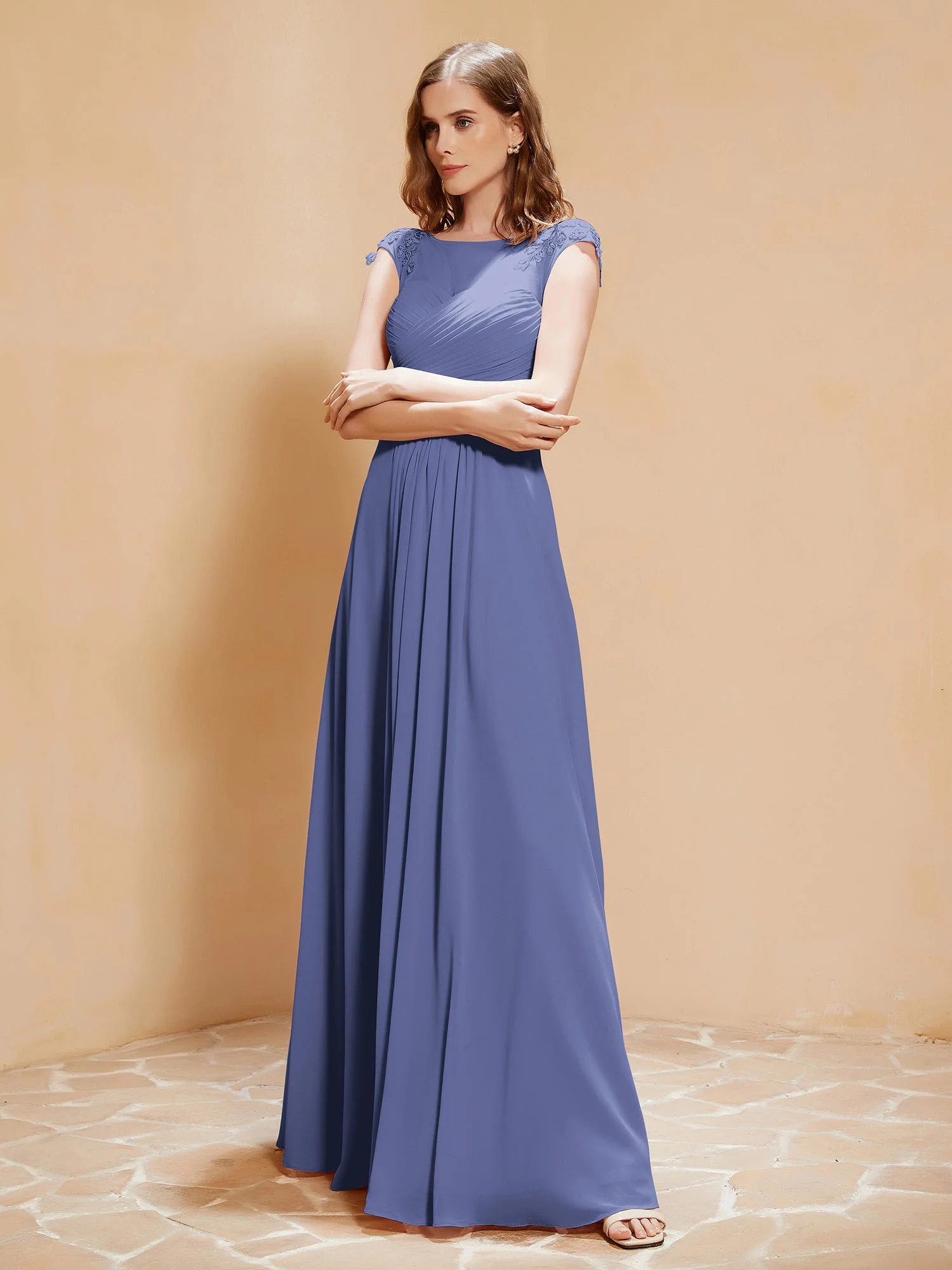 Illusion Chiffon und Spitze Cap-Ärmel Kleid Periwinkleblau - Image 3