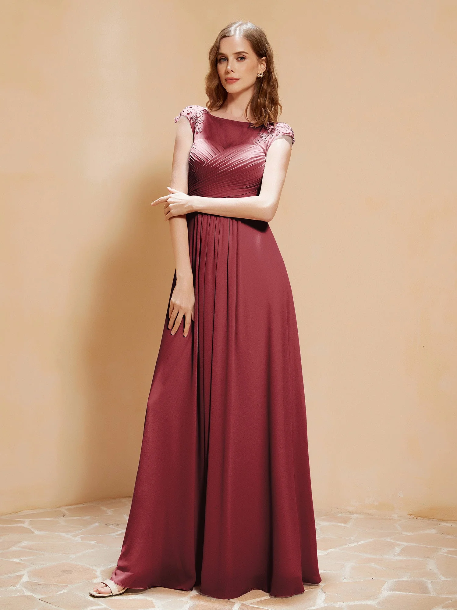 Illusion Chiffon und Spitze Cap-Ärmel Kleid Zimtrose