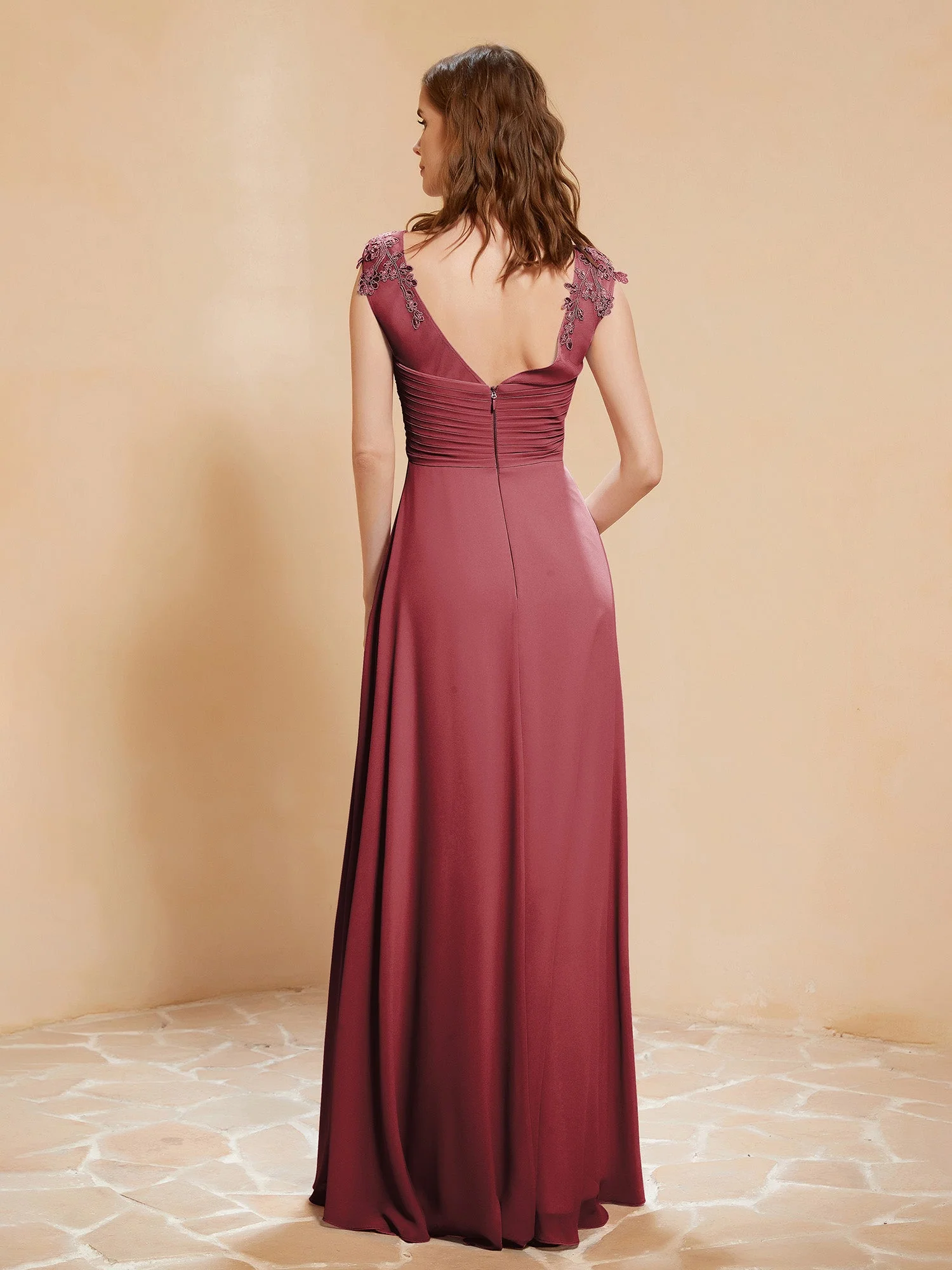 Illusion Chiffon und Spitze Cap-Ärmel Kleid Zimtrose - Image 2