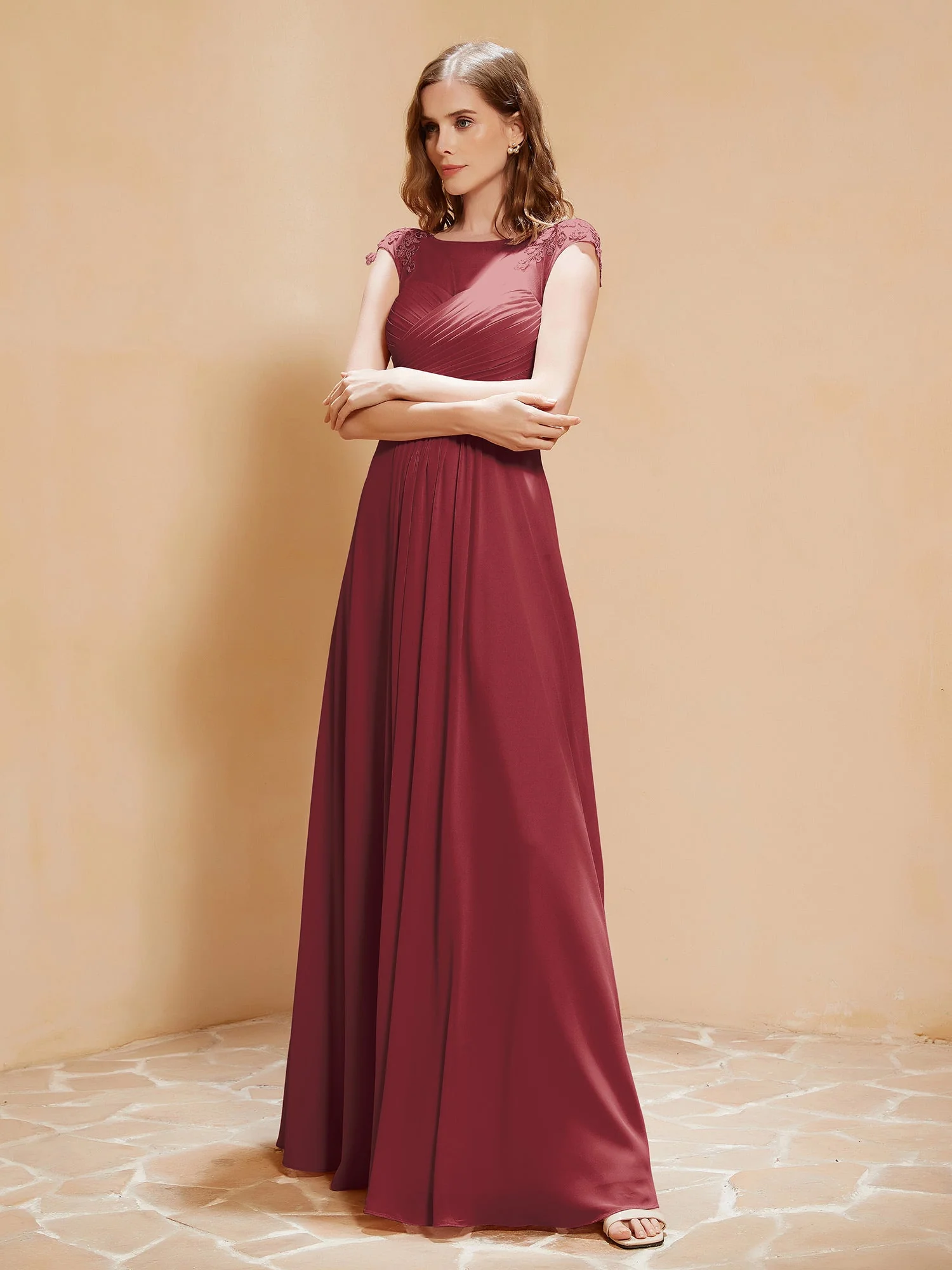 Illusion Chiffon und Spitze Cap-Ärmel Kleid Zimtrose - Image 3