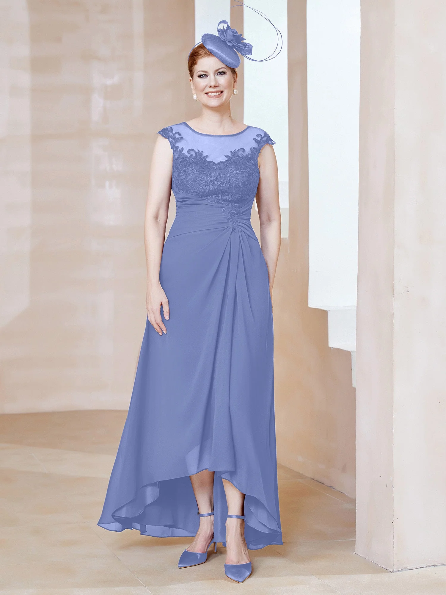 Illusion Spitze Plissee Asymmetrisch Etui Kleid Periwinkleblau