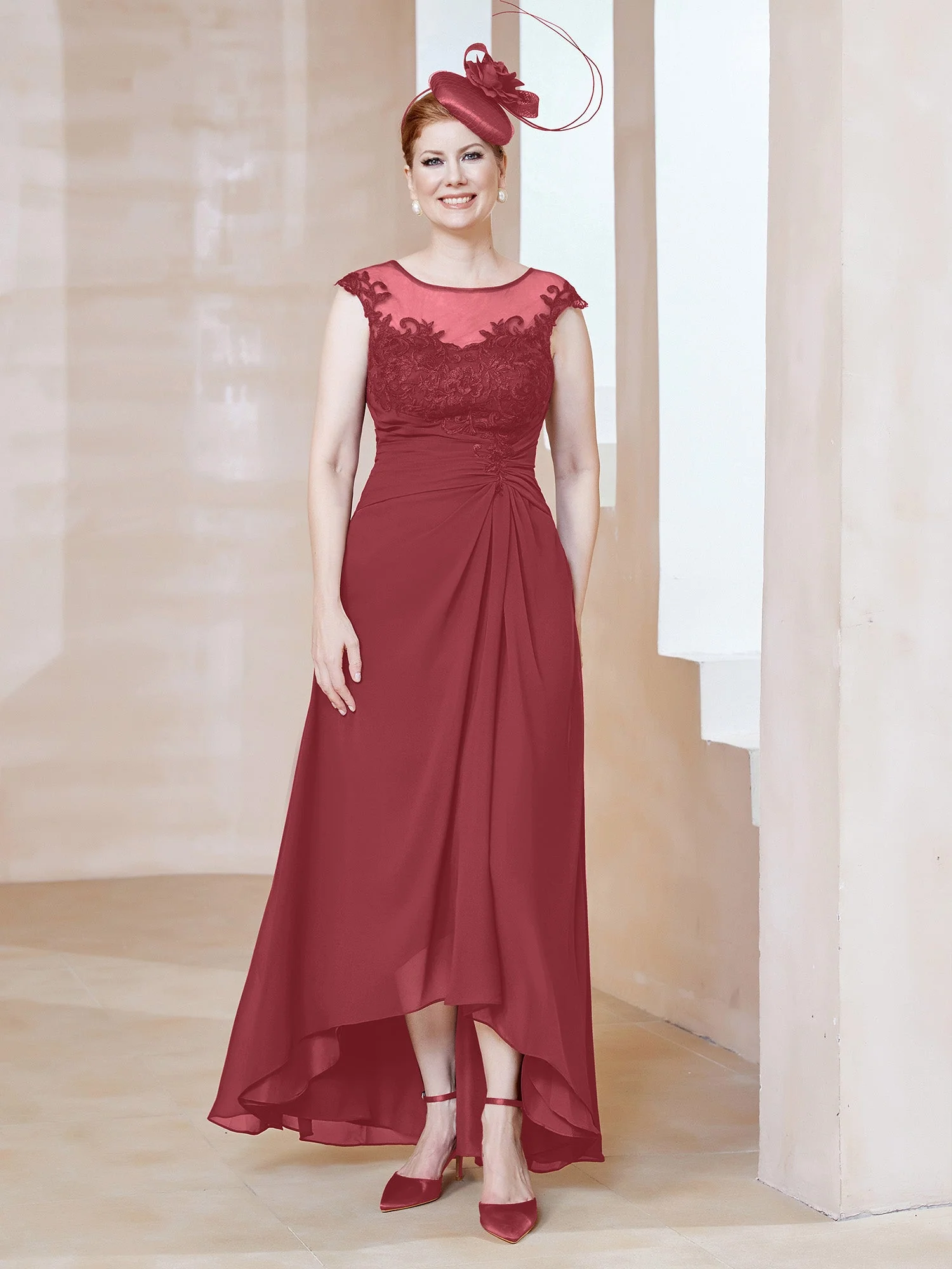 Illusion Spitze Plissee Asymmetrisch Etui Kleid Zimtrose Übergröße