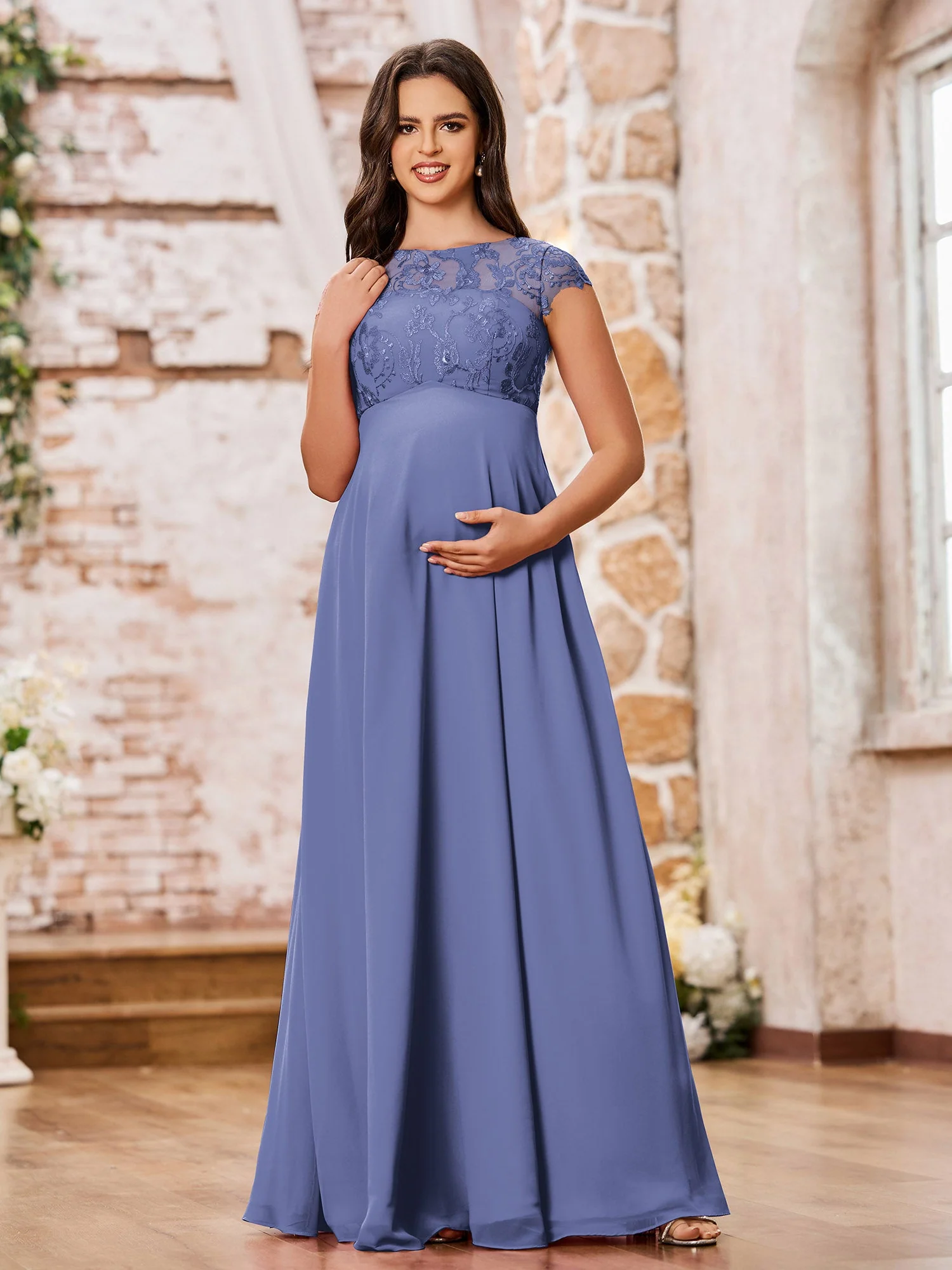 Illusionsausschnitt Spitzenoberteil Empire Maxi Umstandskleider Periwinkleblau