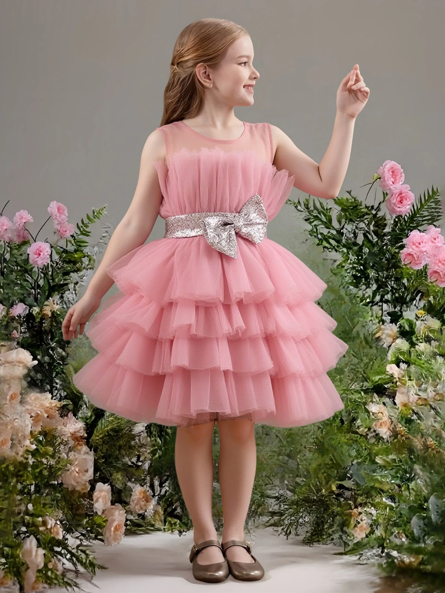Ärmellos Stufen Tüll Rock Party Blumenmädchen Kleid Flamingo