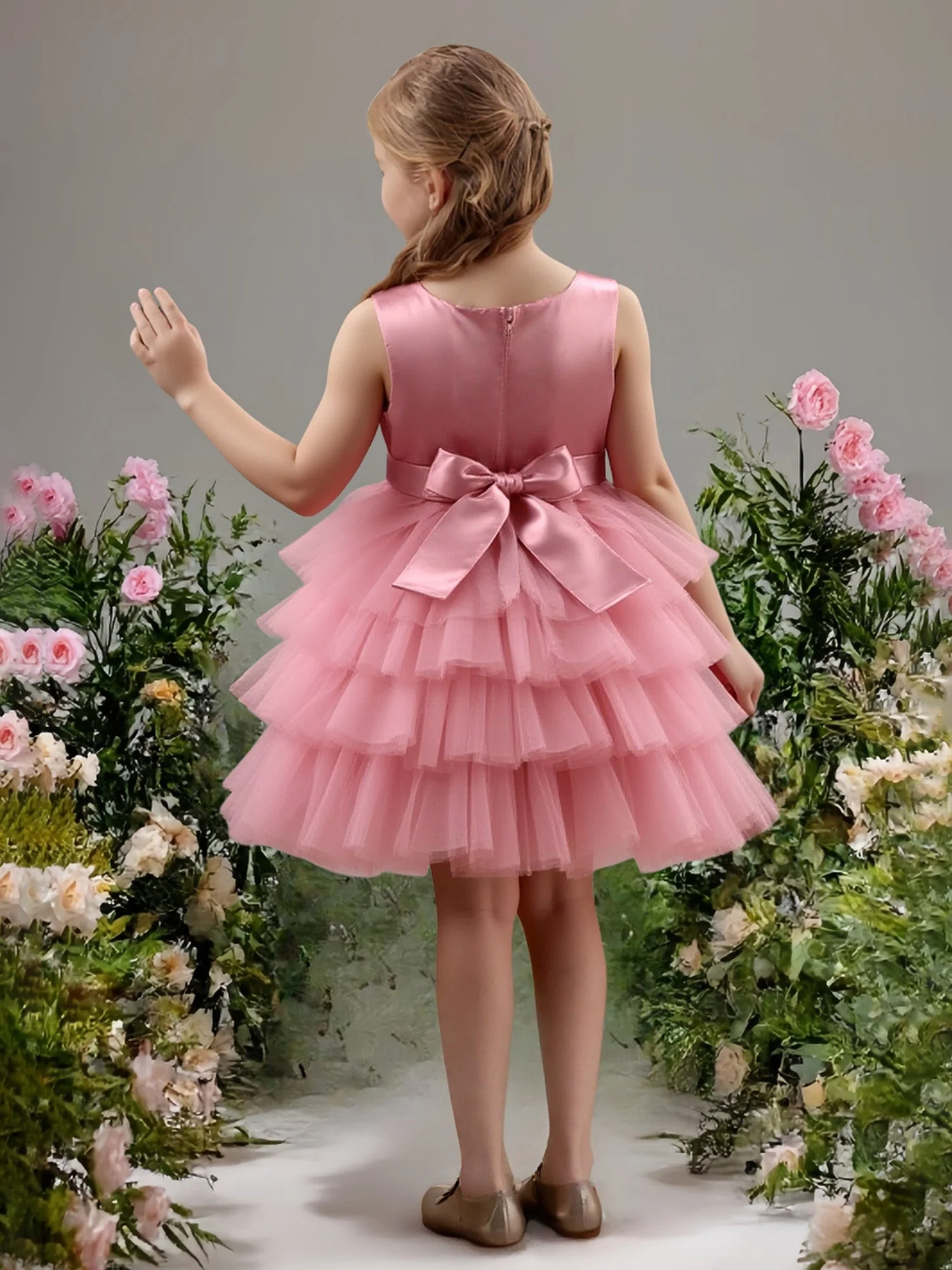 Ärmellos Stufen Tüll Rock Party Blumenmädchen Kleid Flamingo - Image 2