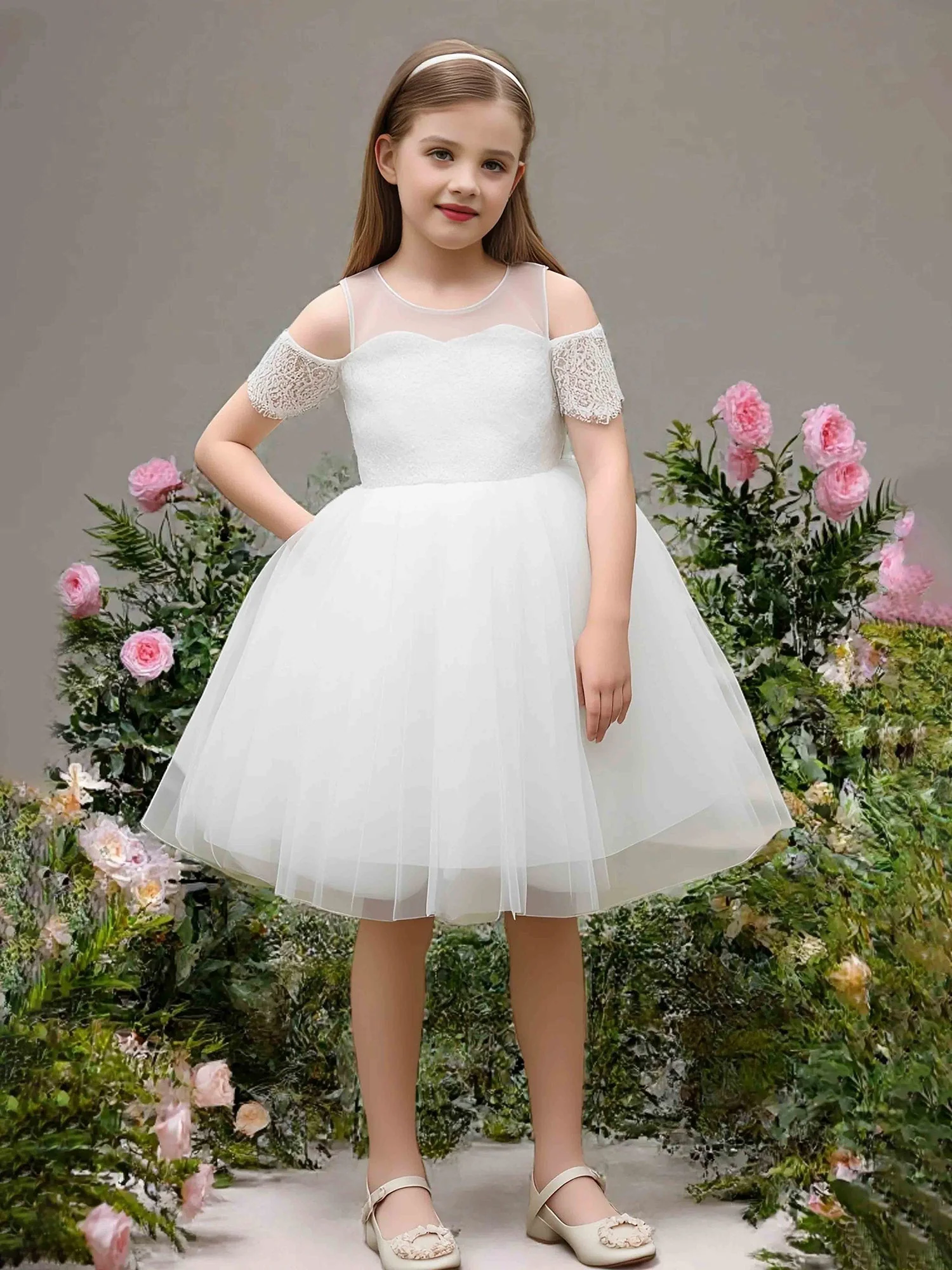 Illusion Ausschnitt Hohl Schulter Spitze Tüll Blumenmädchen Kleid Elfenbein