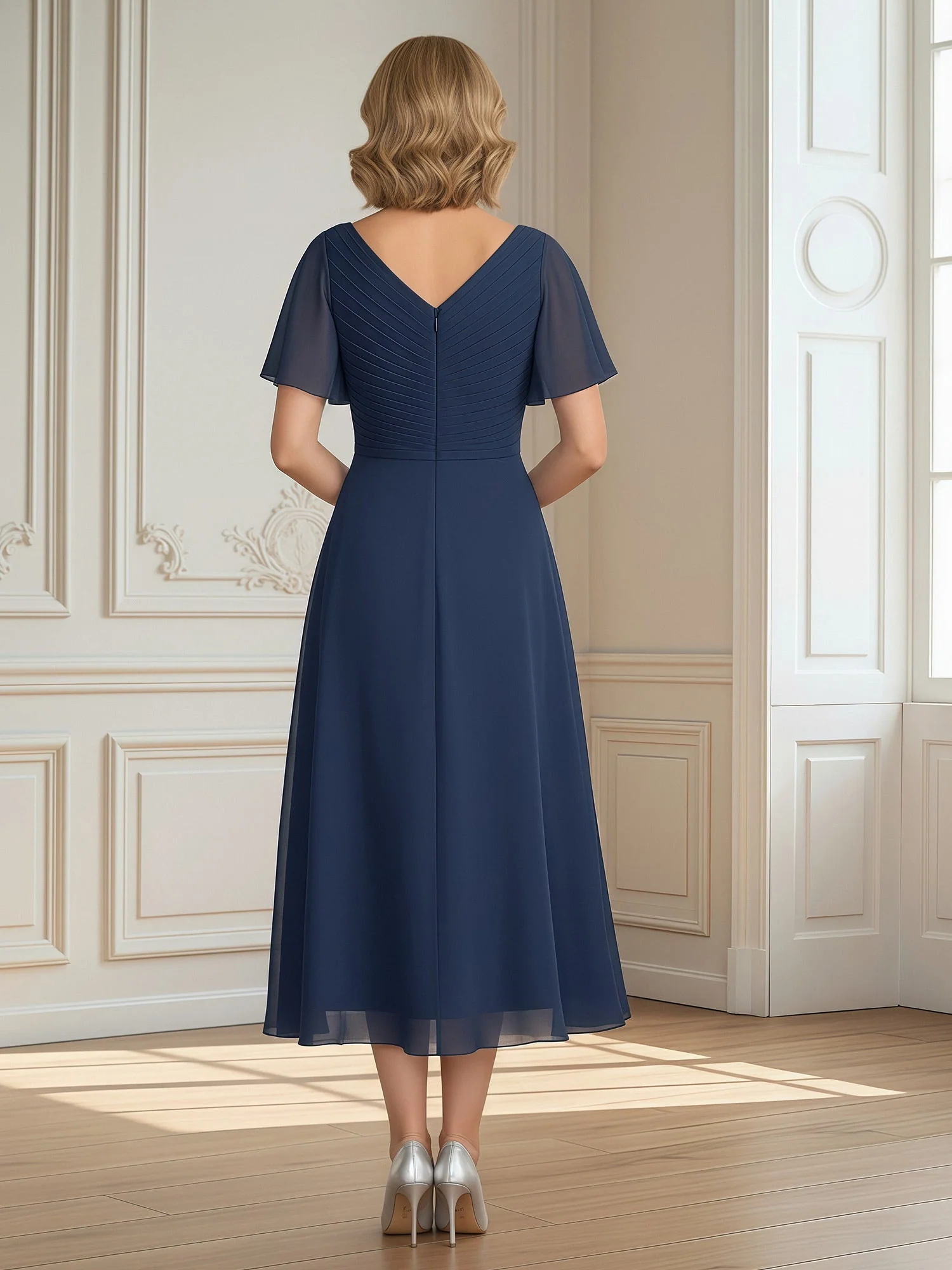 A-Linie Plissee V-Ausschnitt Rüschen Chiffon Wadenlang Kleid Elfenbein - Image 2