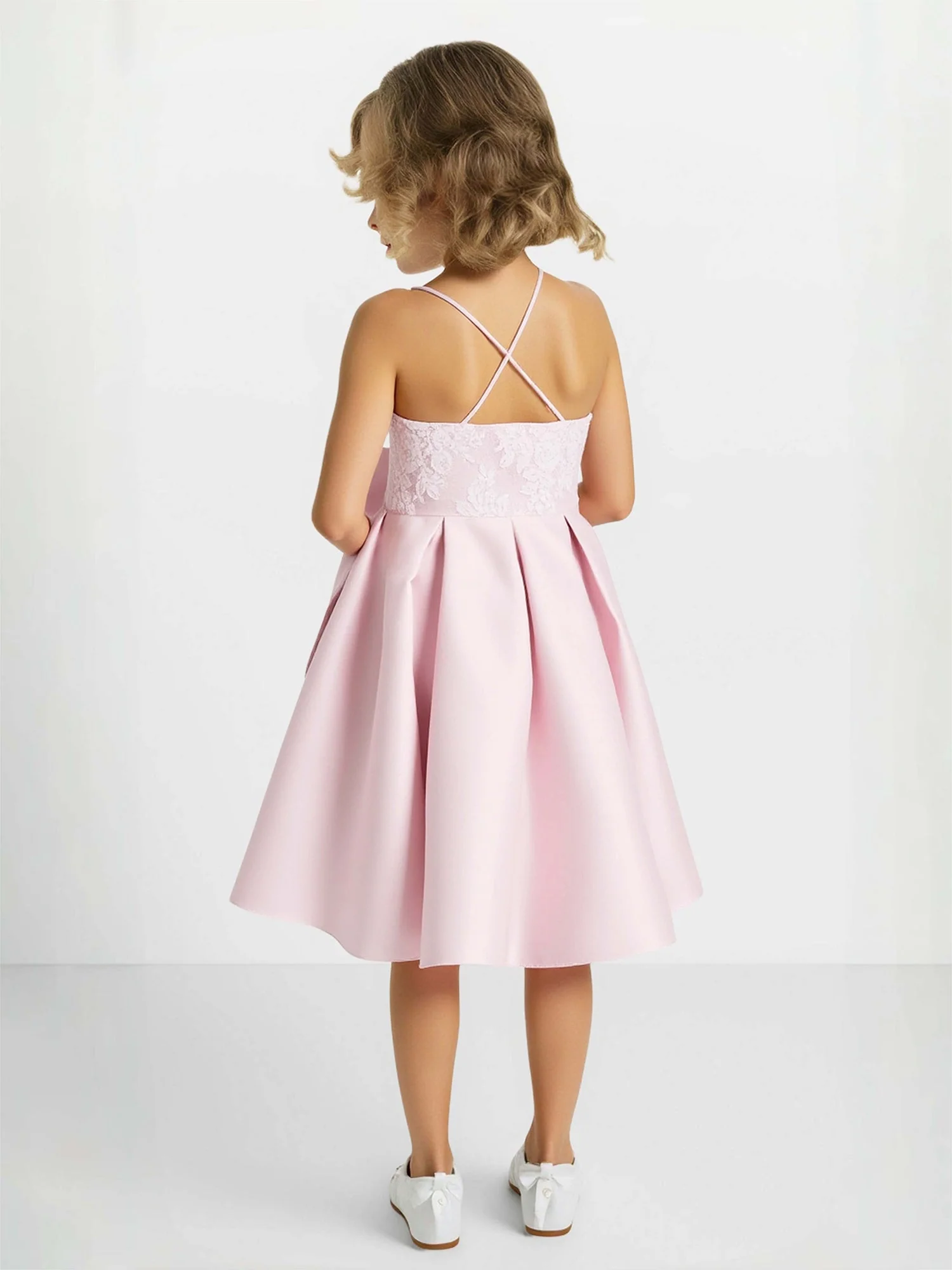 SpaghettitrÀger Spitze Satin BlumenmÀdchen Kleid mit Schleife Bonbonrosa - Image 2