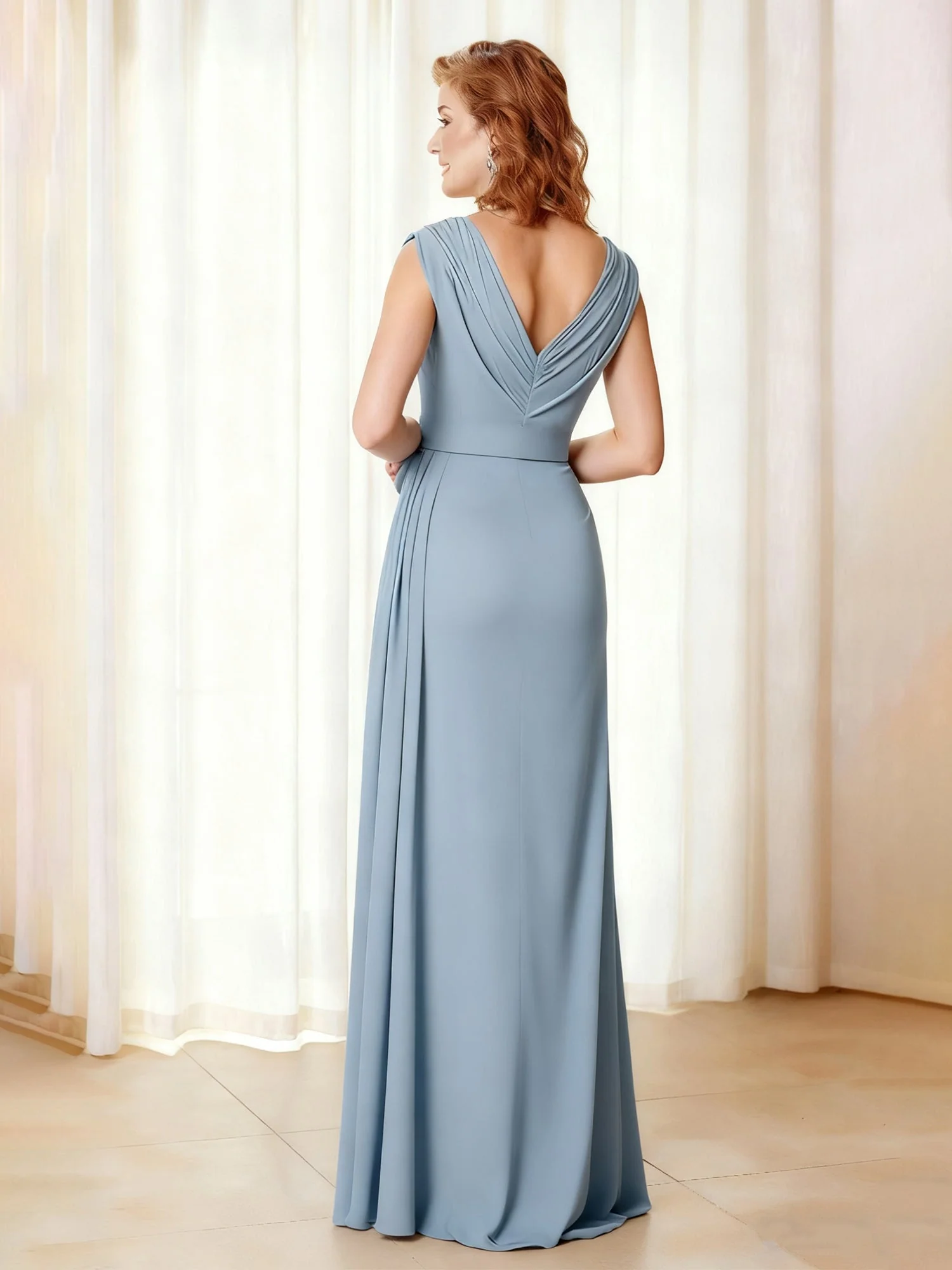 Gerafft V-Ausschnitt Maxi Kleid mit hohem Schlitz und Cap-Ärmel Zitrone - Image 2