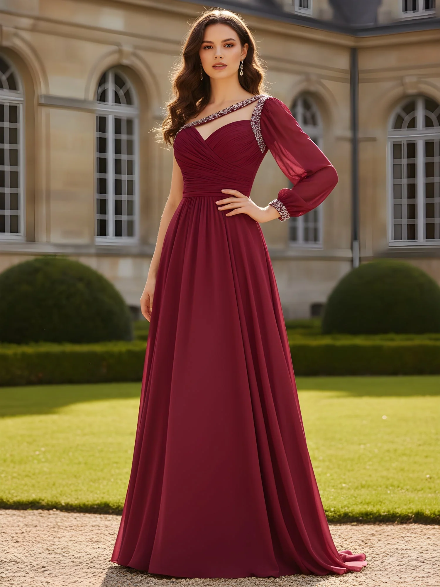 Strass Trim Gerafft Oberteil A-Linie Kleid Regentschaft