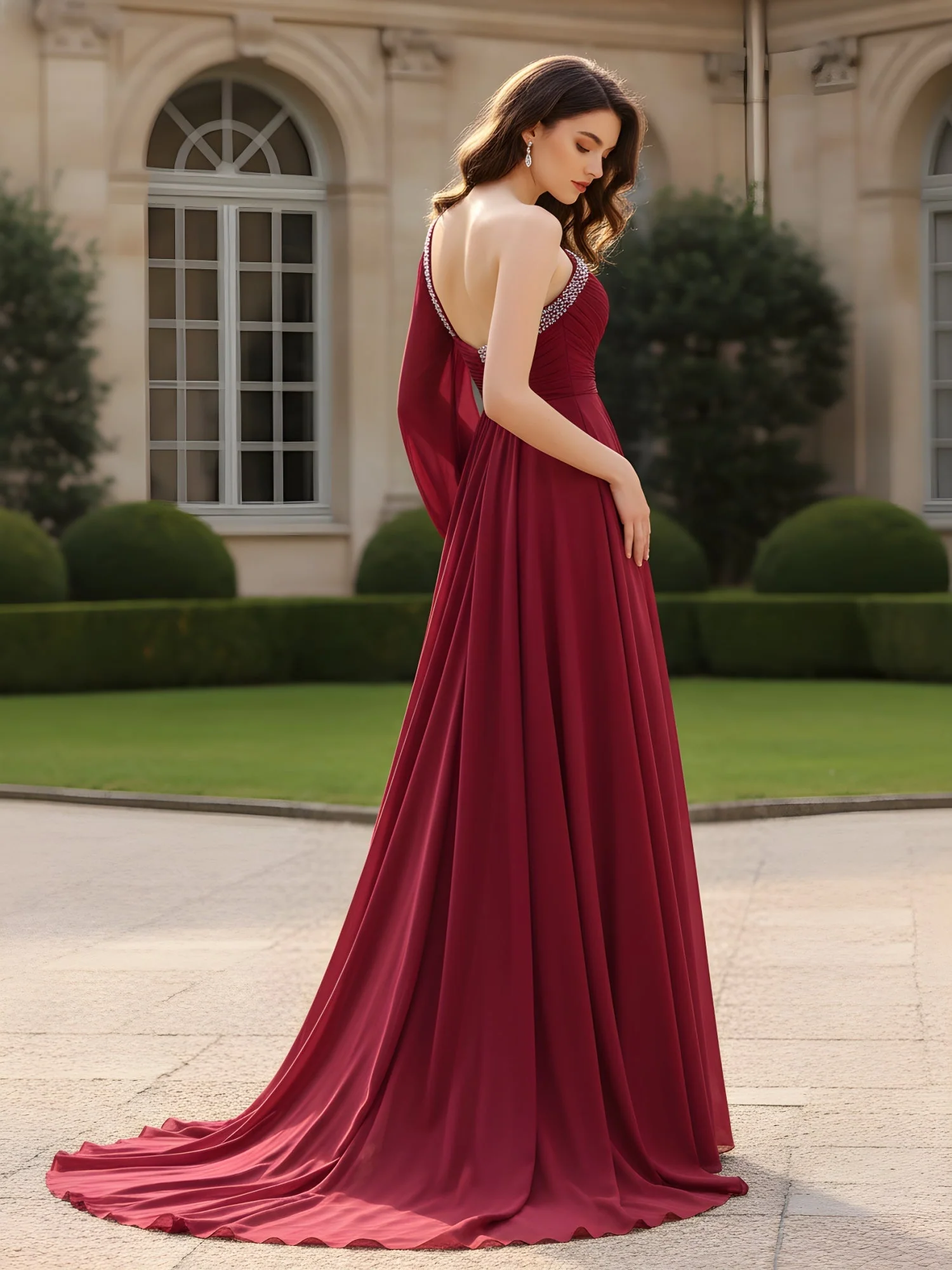 Strass Trim Gerafft Oberteil A-Linie Kleid Rost - Image 2