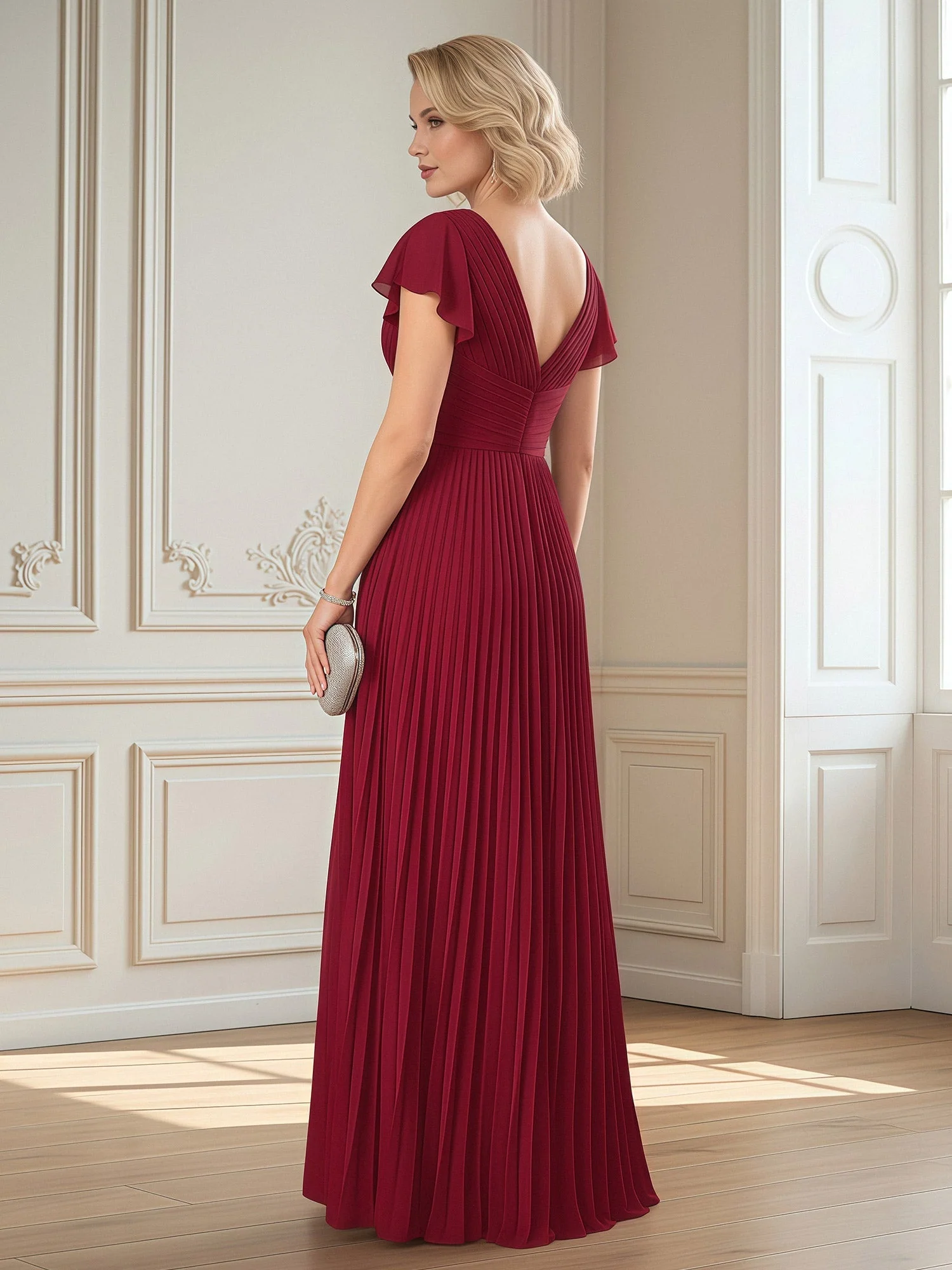Abendkleid mit Drapiertem Oberteil und Flatteraermeln Salbei - Image 2