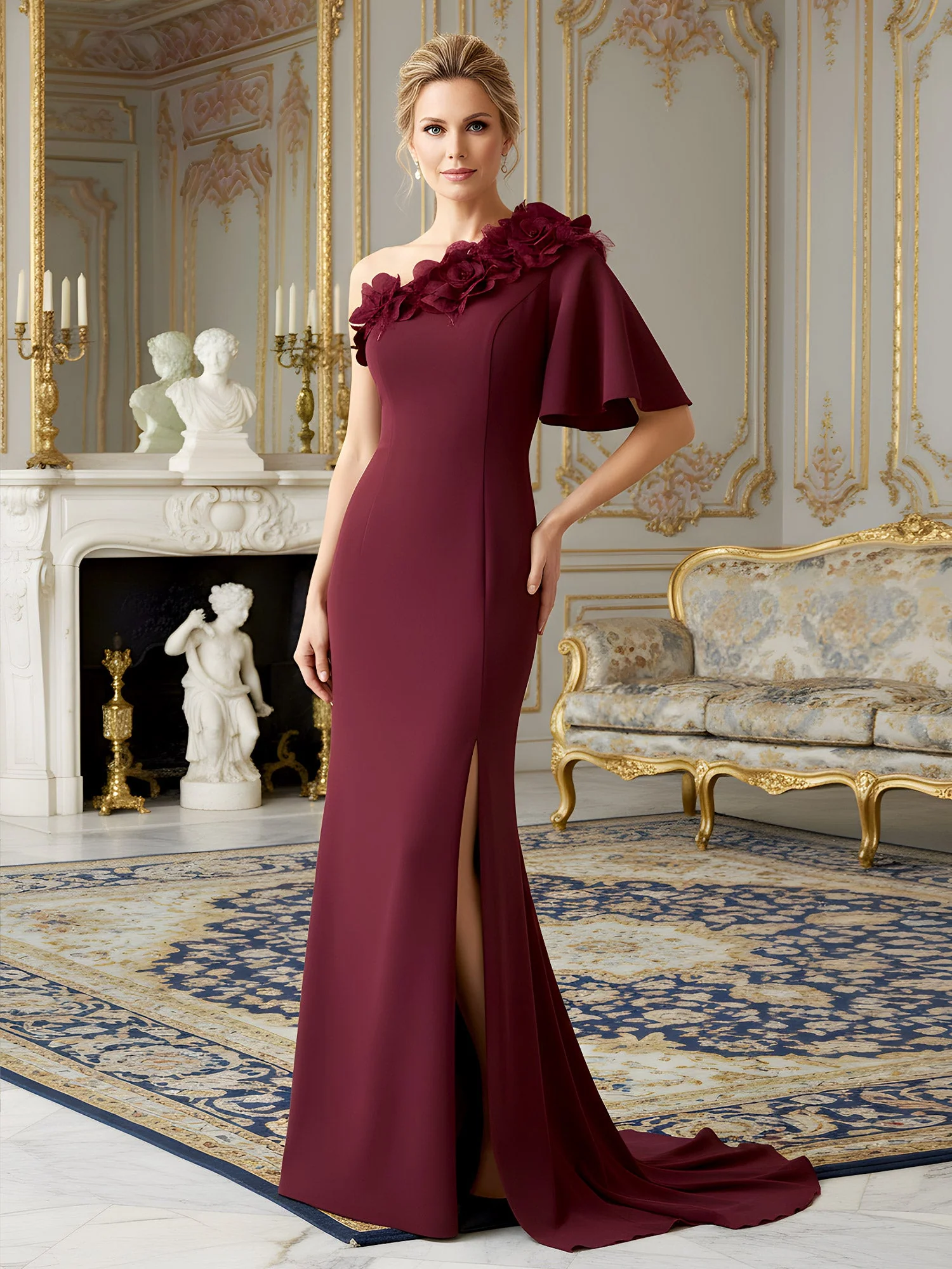 Crepe Stoff Abendkleid mit Flaunce-Ärmel  Burgunderrot