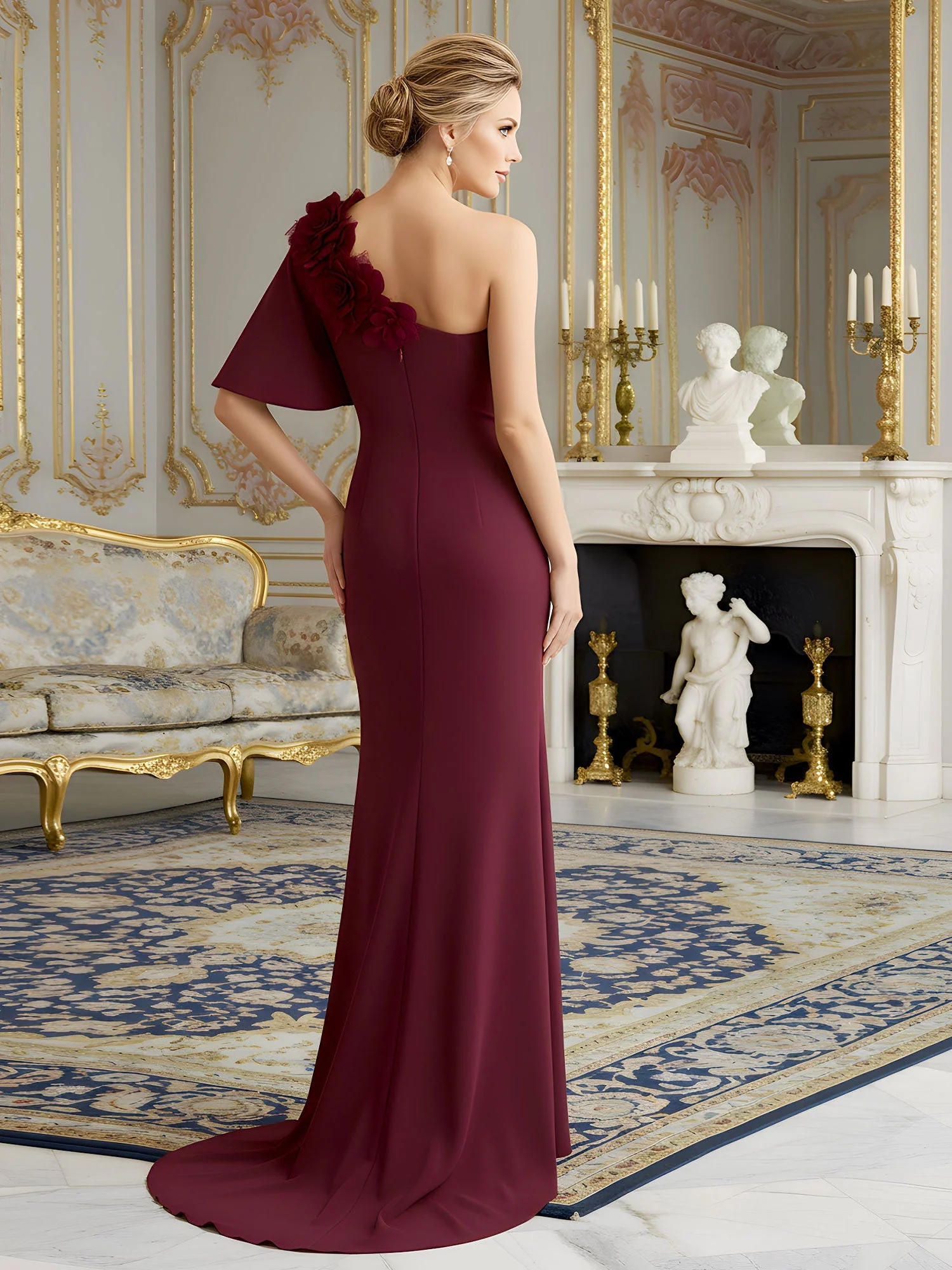 Crepe Stoff Abendkleid mit Flaunce-Ärmel Tinte Blau - Image 2
