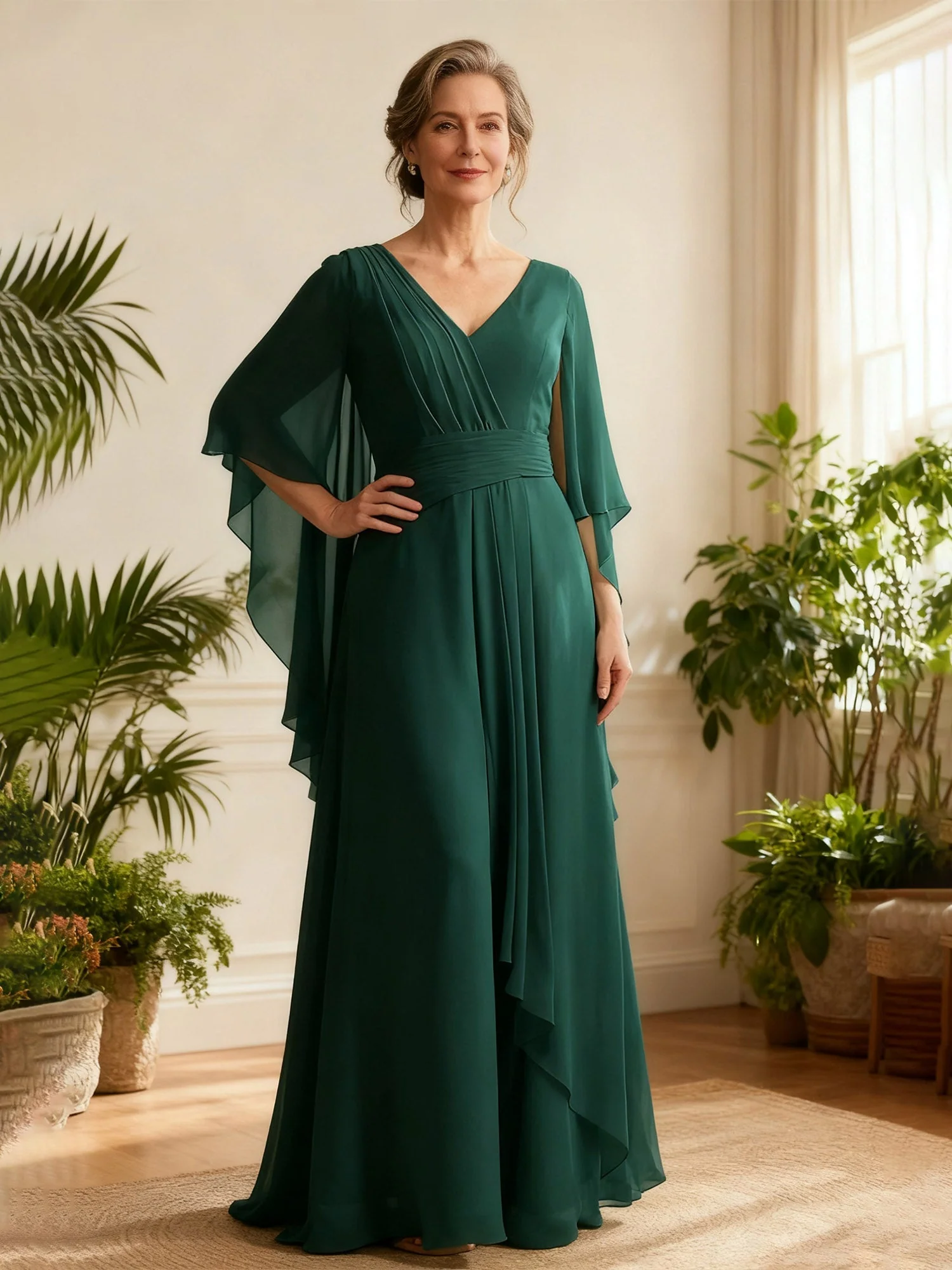 Chiffon Fließend V-Ausschnitt Kleid mit Cap-Ärmel Olivgrün