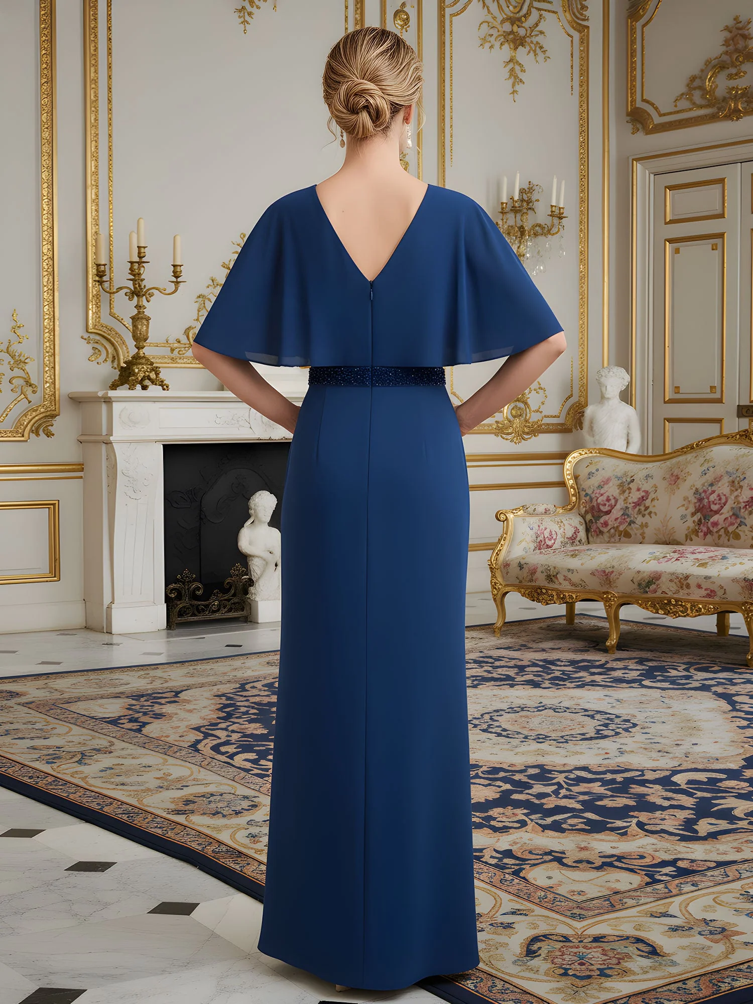 V-Ausschnitt Säule Kleid mit Capelet Ärmel und Perlen Taille Dunkelmarine - Image 2