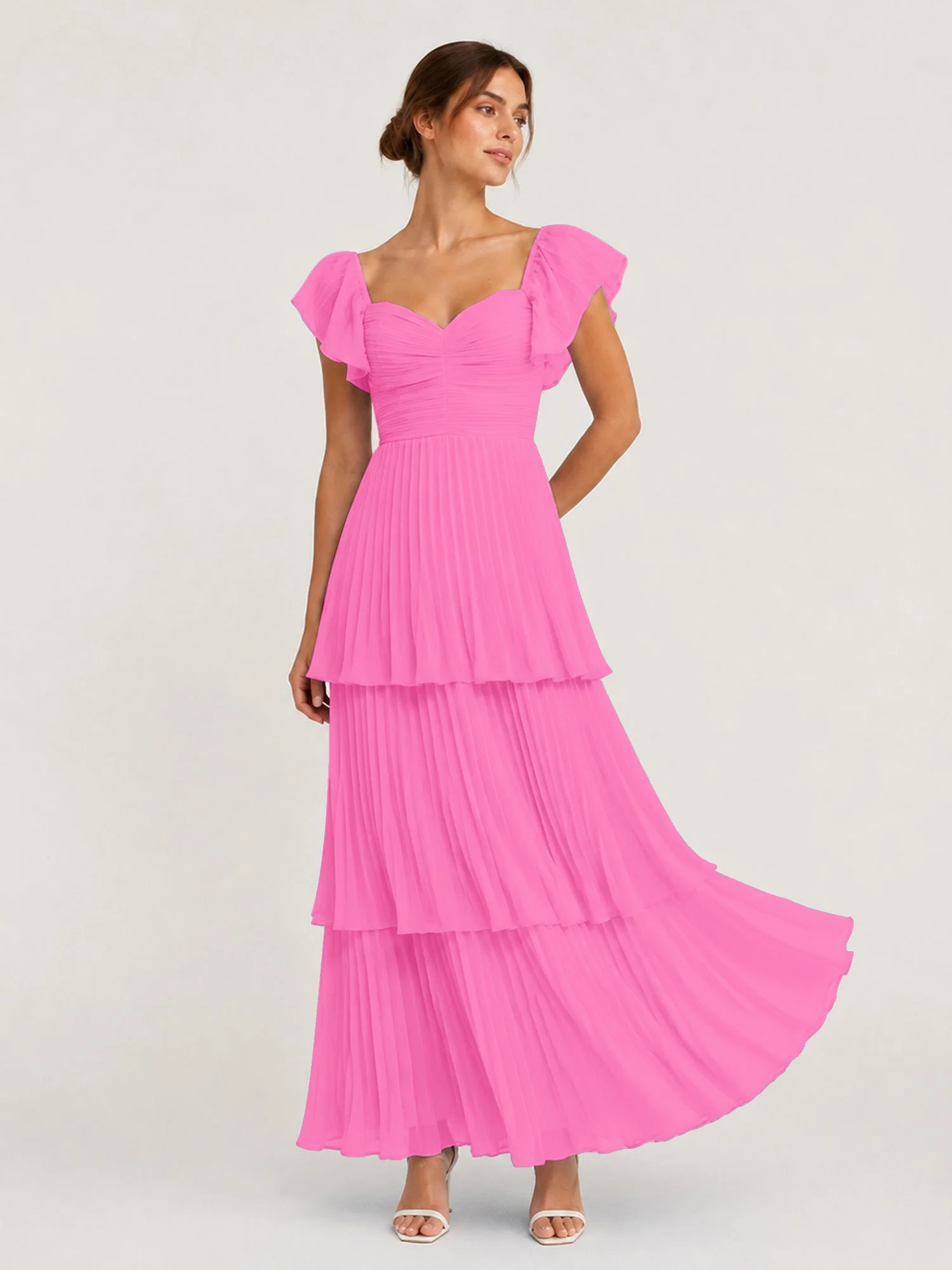 Gestuftes Plissiertes Chiffon Maxikleid mit Flatterärmeln Azalee