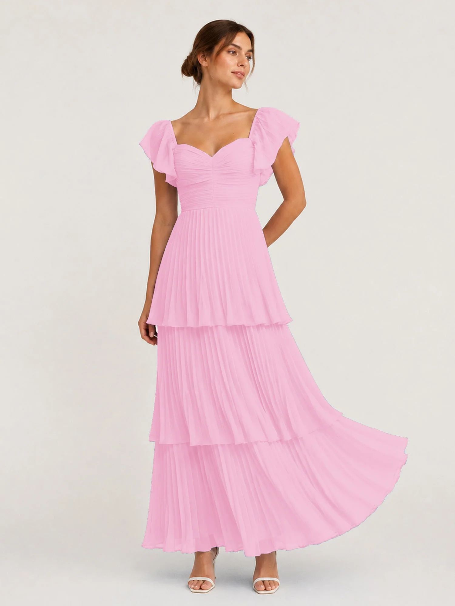 Gestuftes Plissiertes Chiffon Maxikleid mit Flatterärmeln Bonbonrosa