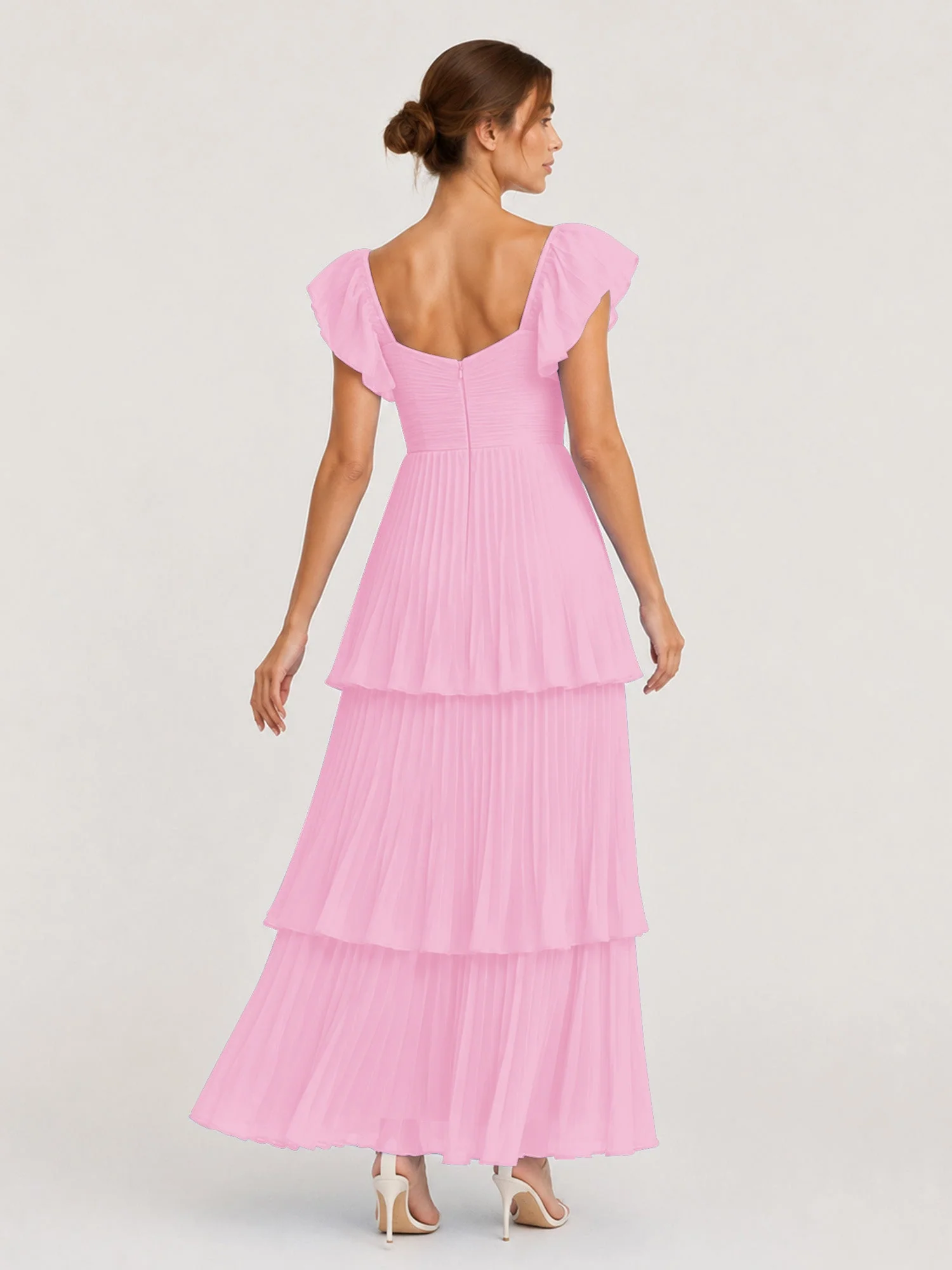 Gestuftes Plissiertes Chiffon Maxikleid mit Flatterärmeln Bonbonrosa - Image 2