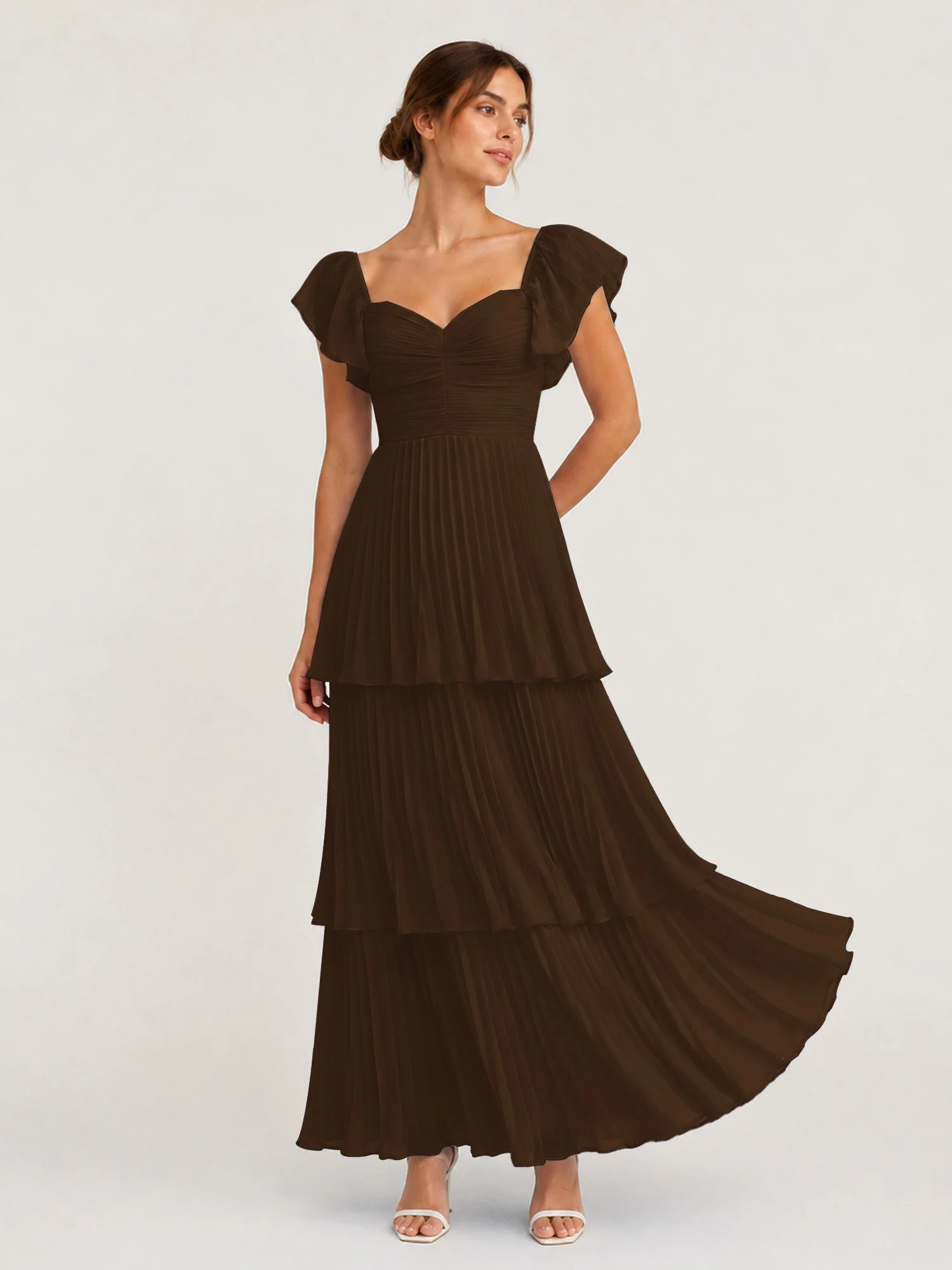 Gestuftes Plissiertes Chiffon Maxikleid mit Flatterärmeln Braun