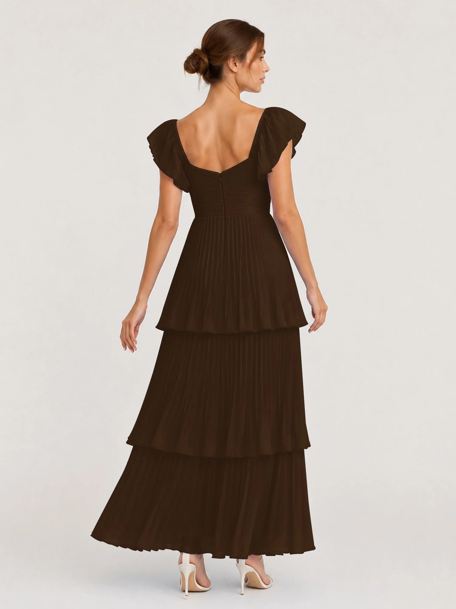 Gestuftes Plissiertes Chiffon Maxikleid mit Flatterärmeln Braun - Image 2