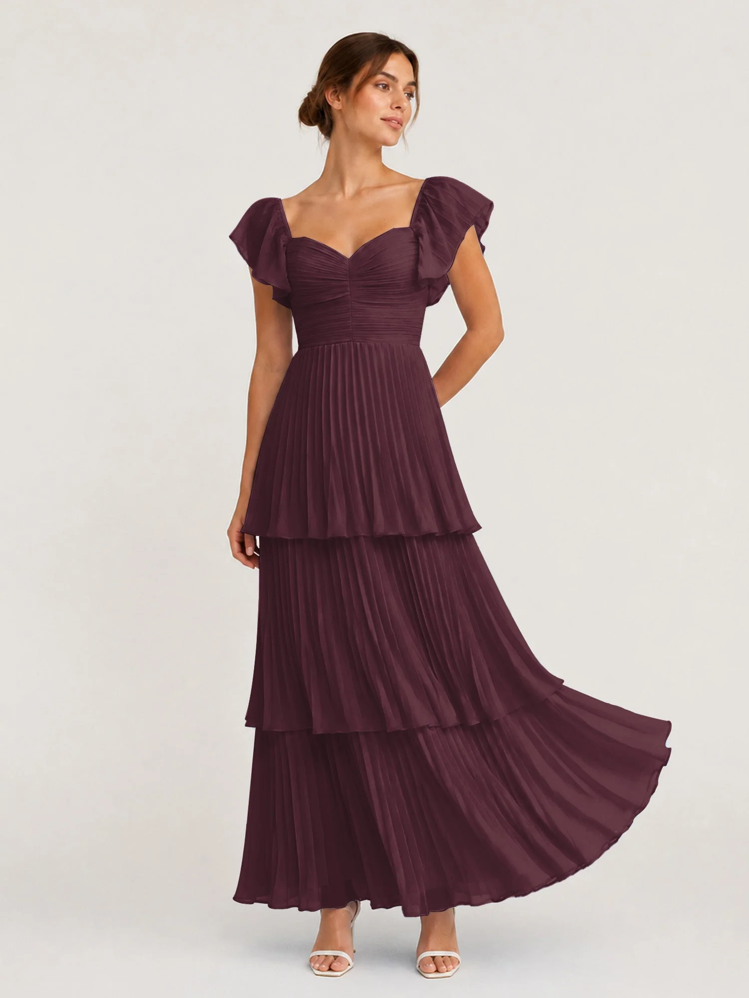 Gestuftes Plissiertes Chiffon Maxikleid mit Flatterärmeln Cabernet