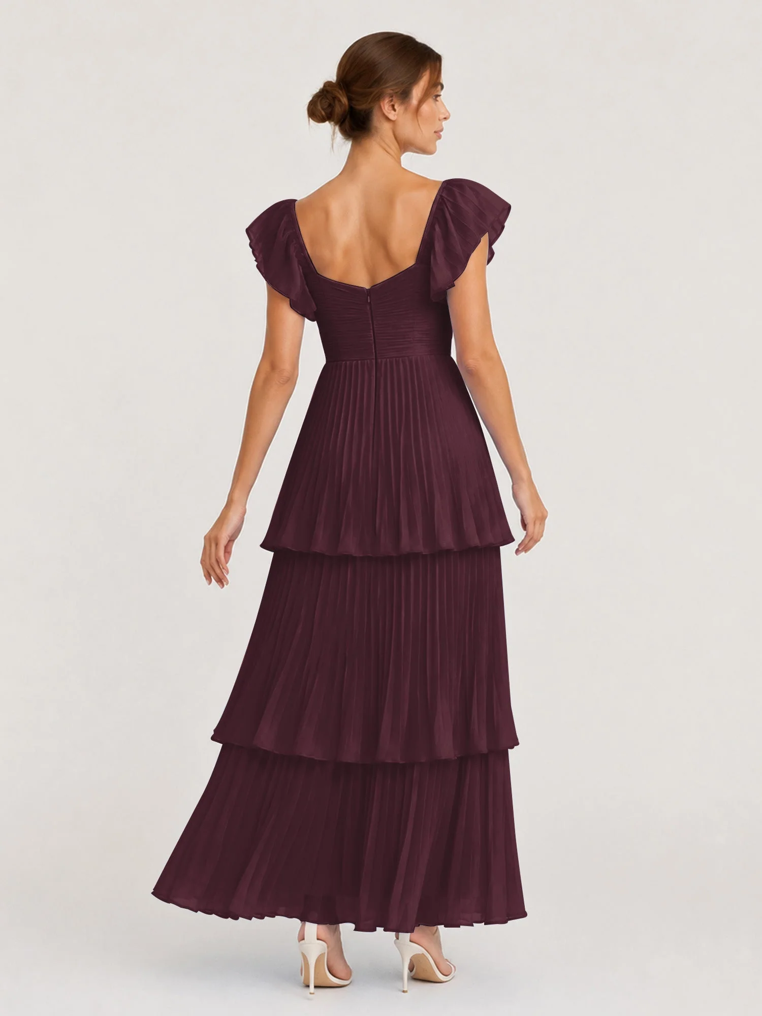 Gestuftes Plissiertes Chiffon Maxikleid mit Flatterärmeln Cabernet - Image 2