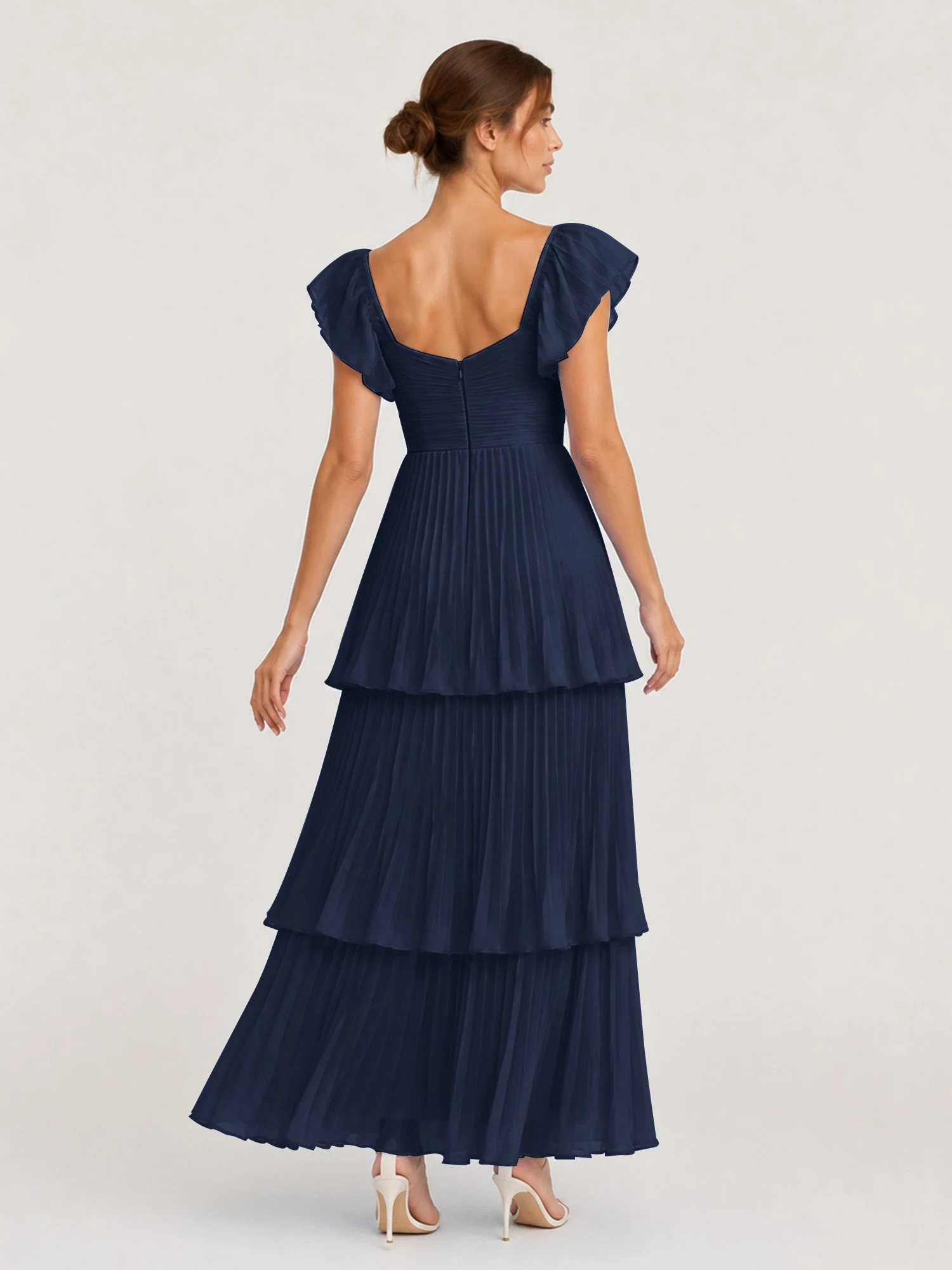 Gestuftes Plissiertes Chiffon Maxikleid mit Flatterärmeln Dunkelmarine - Image 2