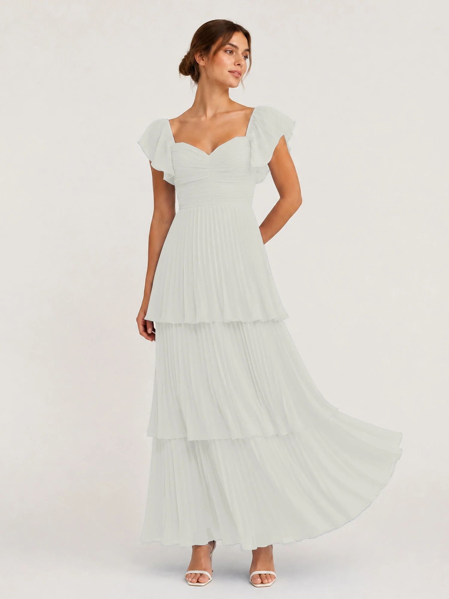 Gestuftes Plissiertes Chiffon Maxikleid mit Flatterärmeln Elfenbein