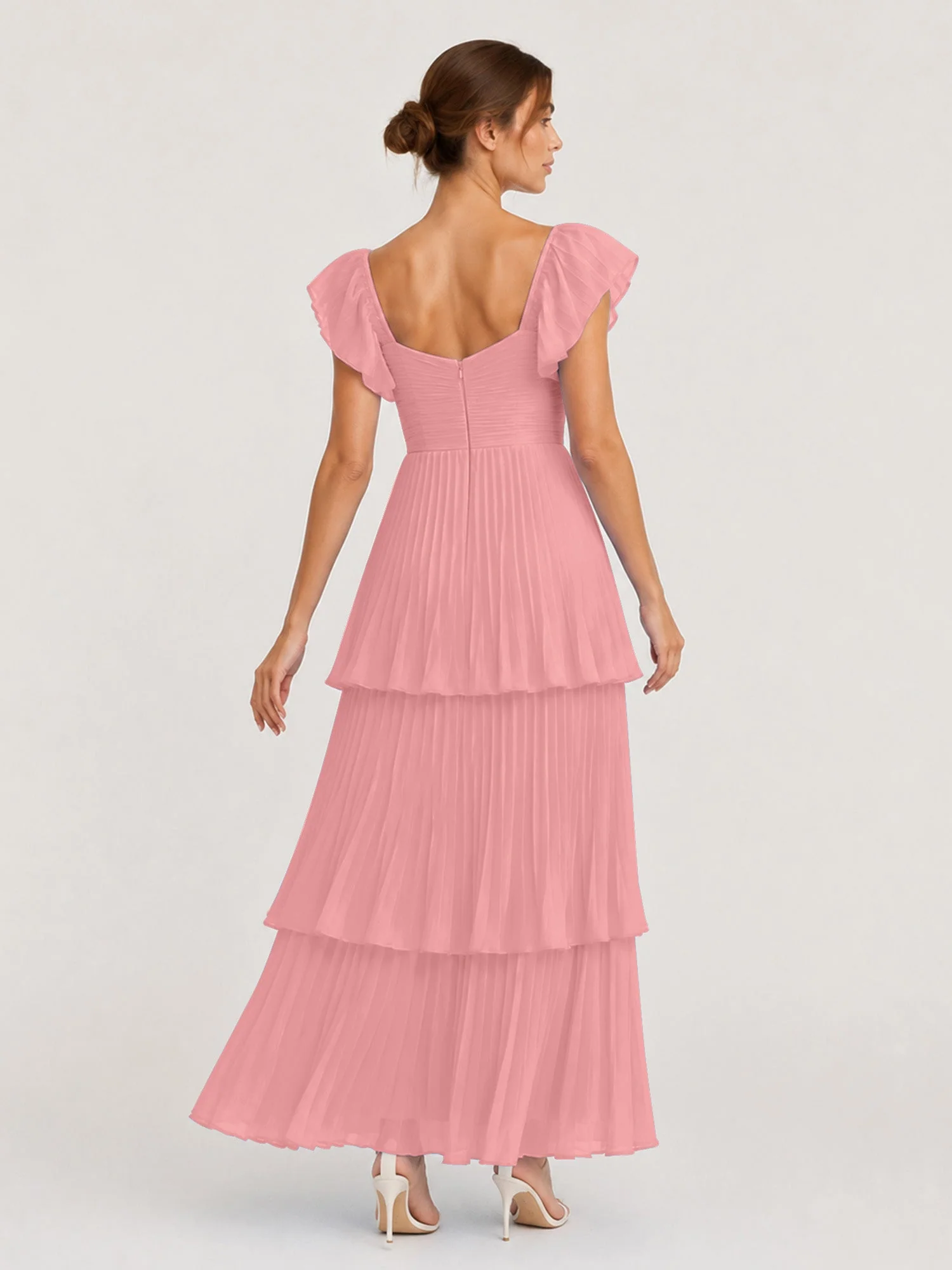 Gestuftes Plissiertes Chiffon Maxikleid mit Flatterärmeln Flamingo - Image 2