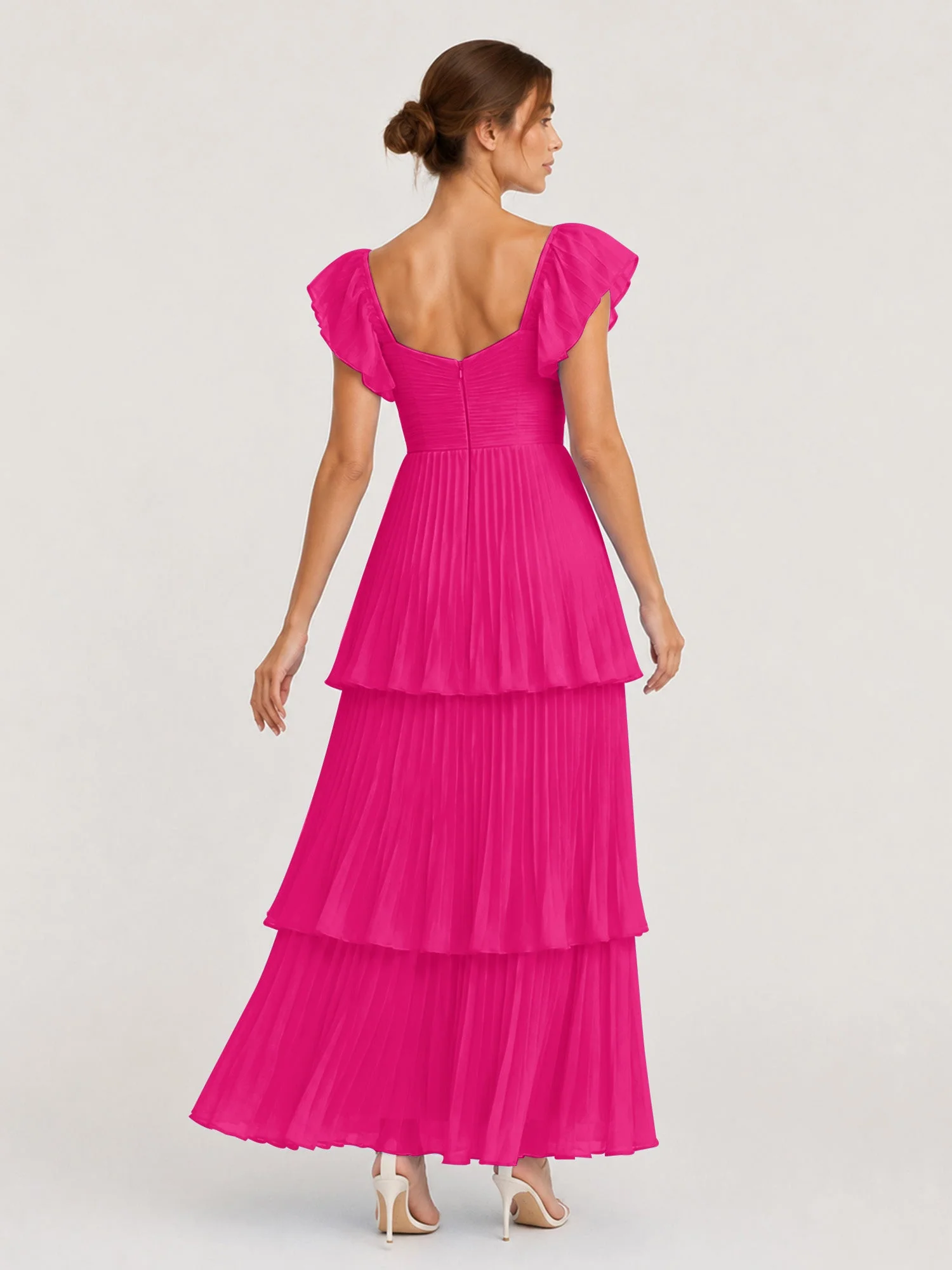 Gestuftes Plissiertes Chiffon Maxikleid mit Flatterärmeln Fuchsia - Image 2