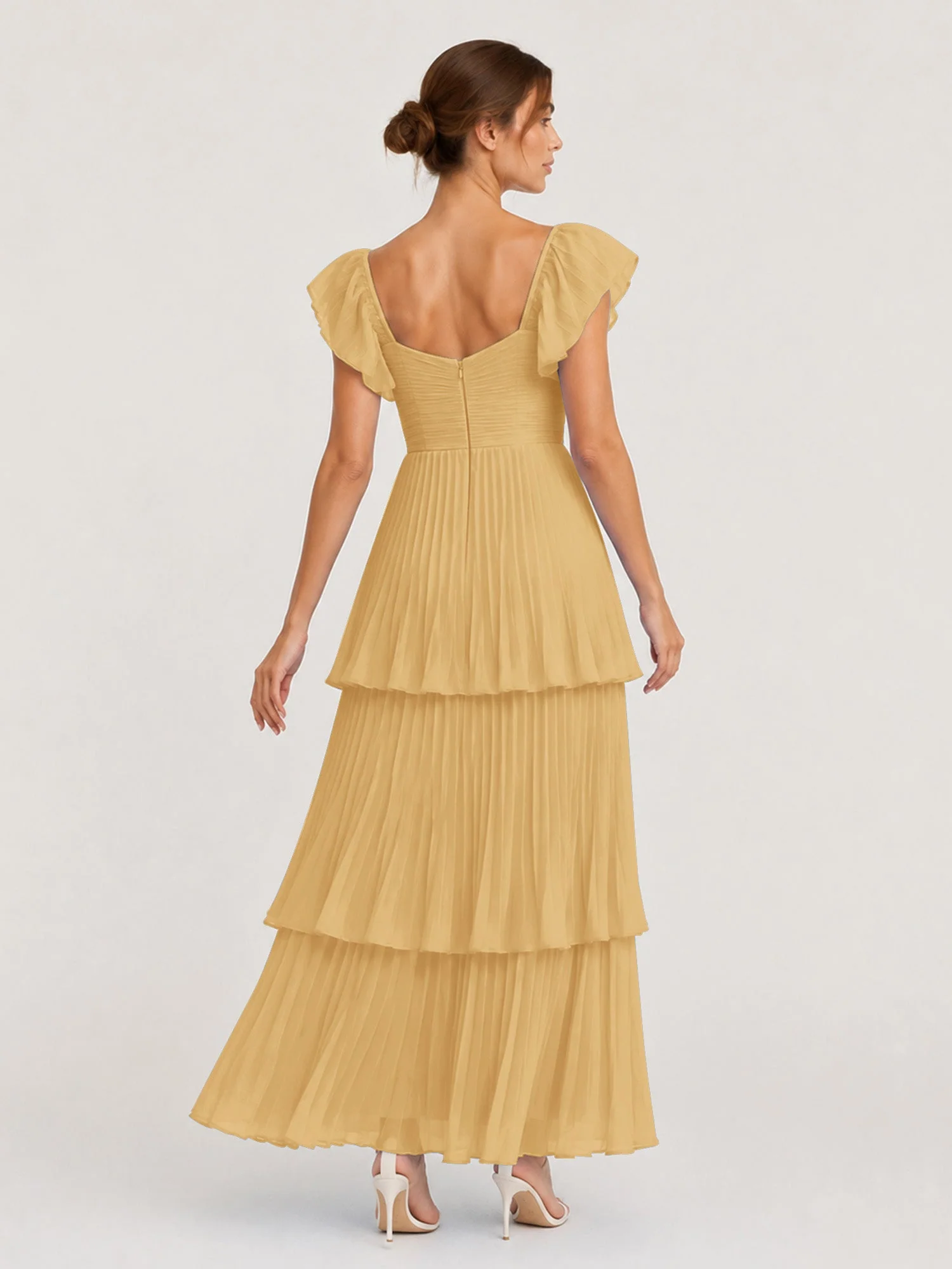 Gestuftes Plissiertes Chiffon Maxikleid mit Flatterärmeln Gold - Image 2