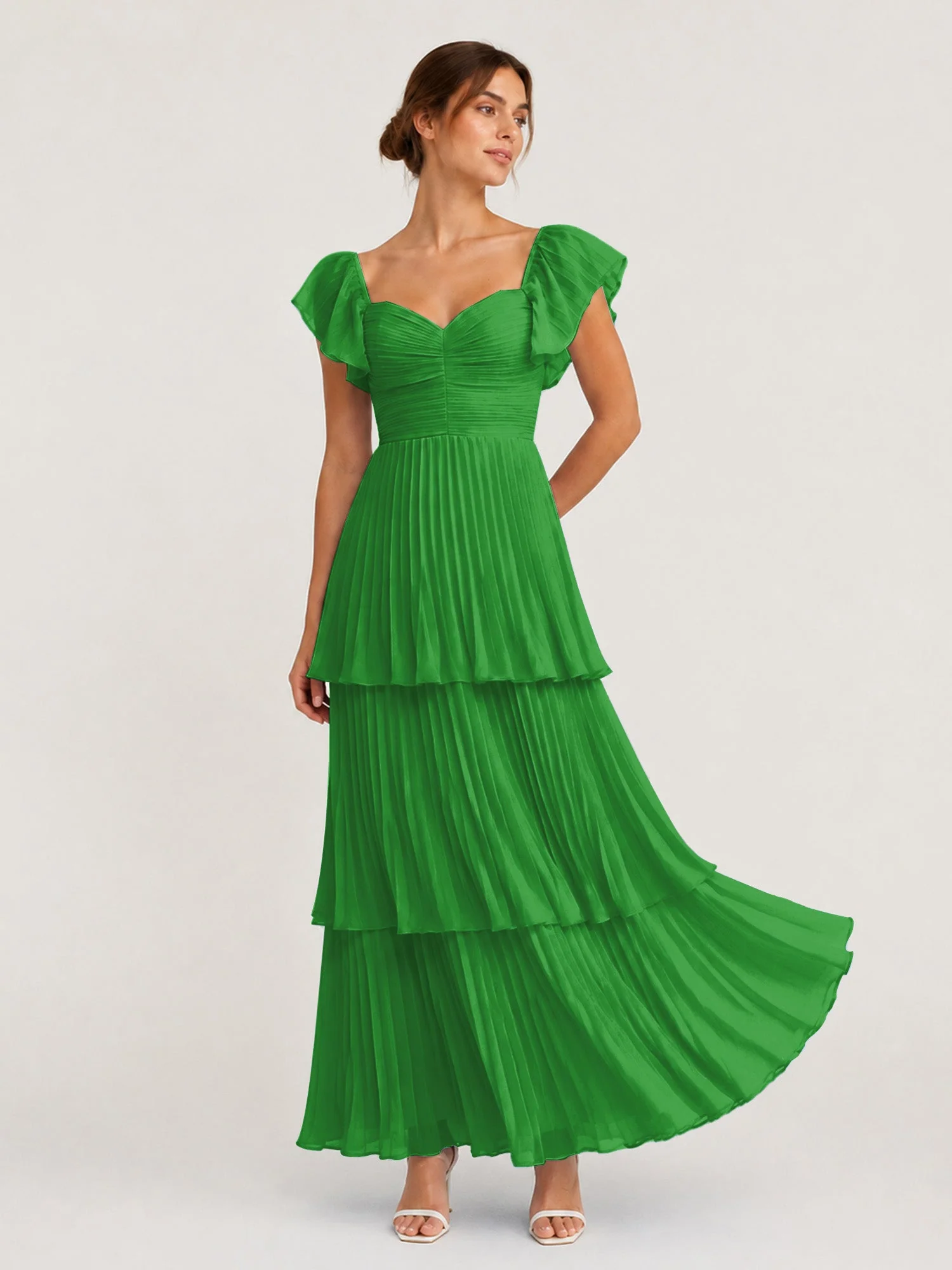 Gestuftes Plissiertes Chiffon Maxikleid mit Flatterärmeln Grün