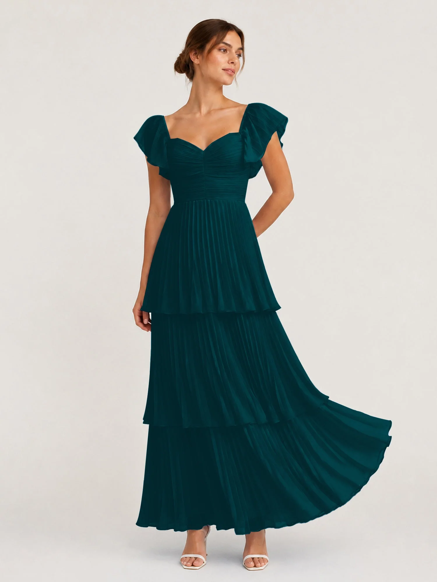 Gestuftes Plissiertes Chiffon Maxikleid mit Flatterärmeln Kieferngrün