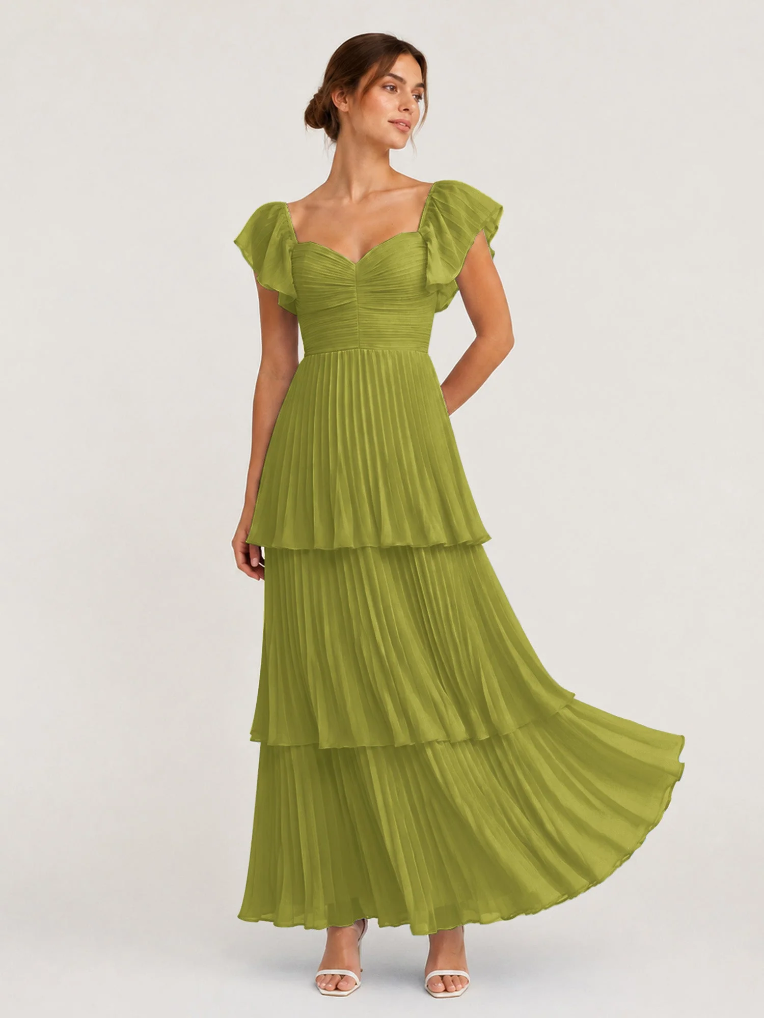 Gestuftes Plissiertes Chiffon Maxikleid mit Flatterärmeln Kleegrün