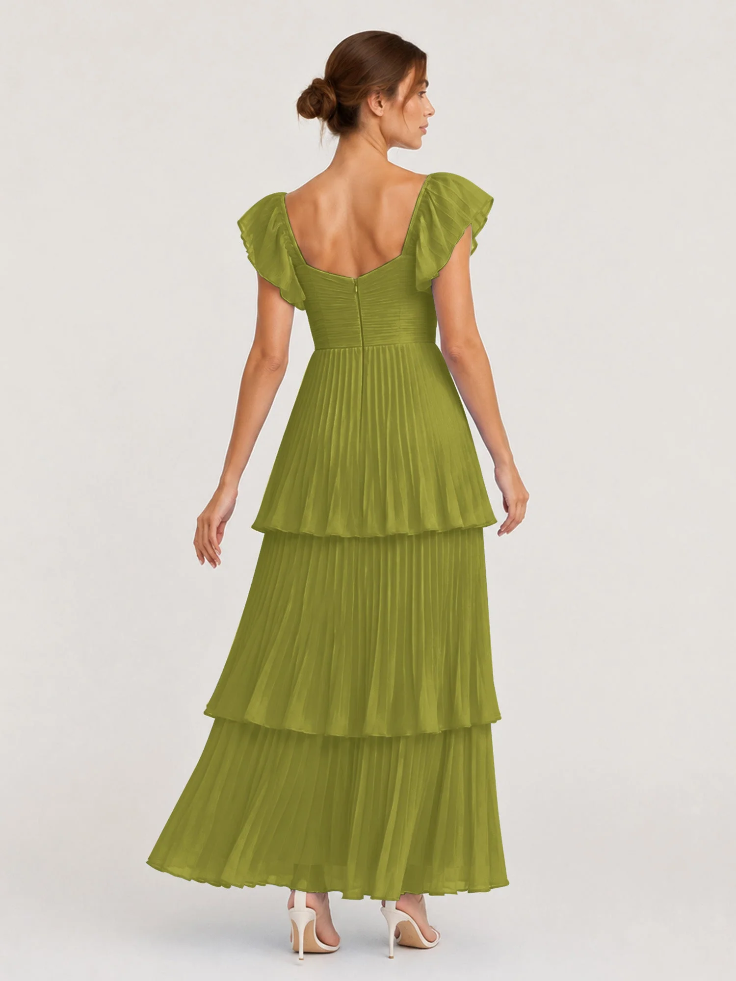 Gestuftes Plissiertes Chiffon Maxikleid mit Flatterärmeln Kleegrün - Image 2