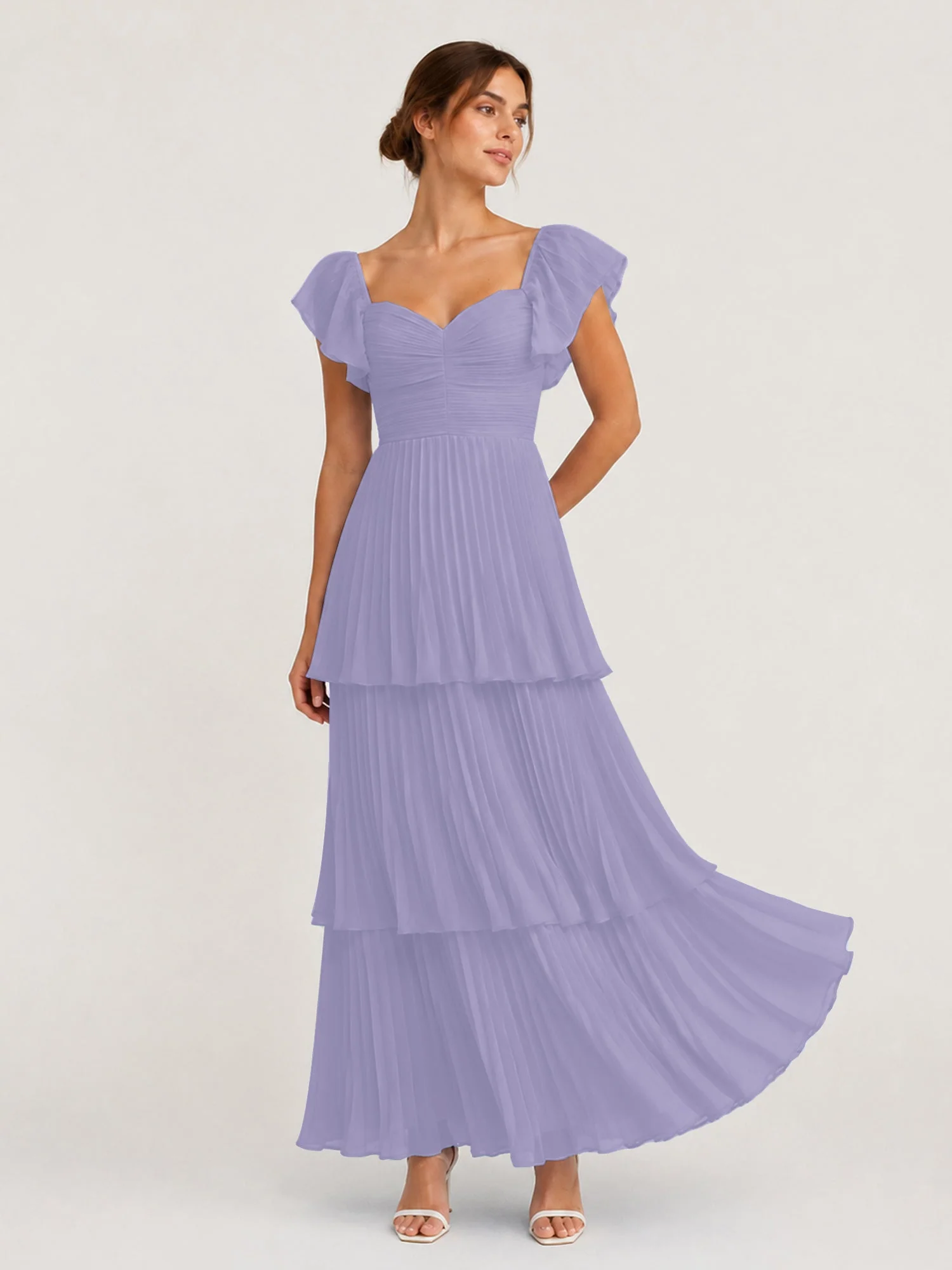 Gestuftes Plissiertes Chiffon Maxikleid mit Flatterärmeln Lavendel