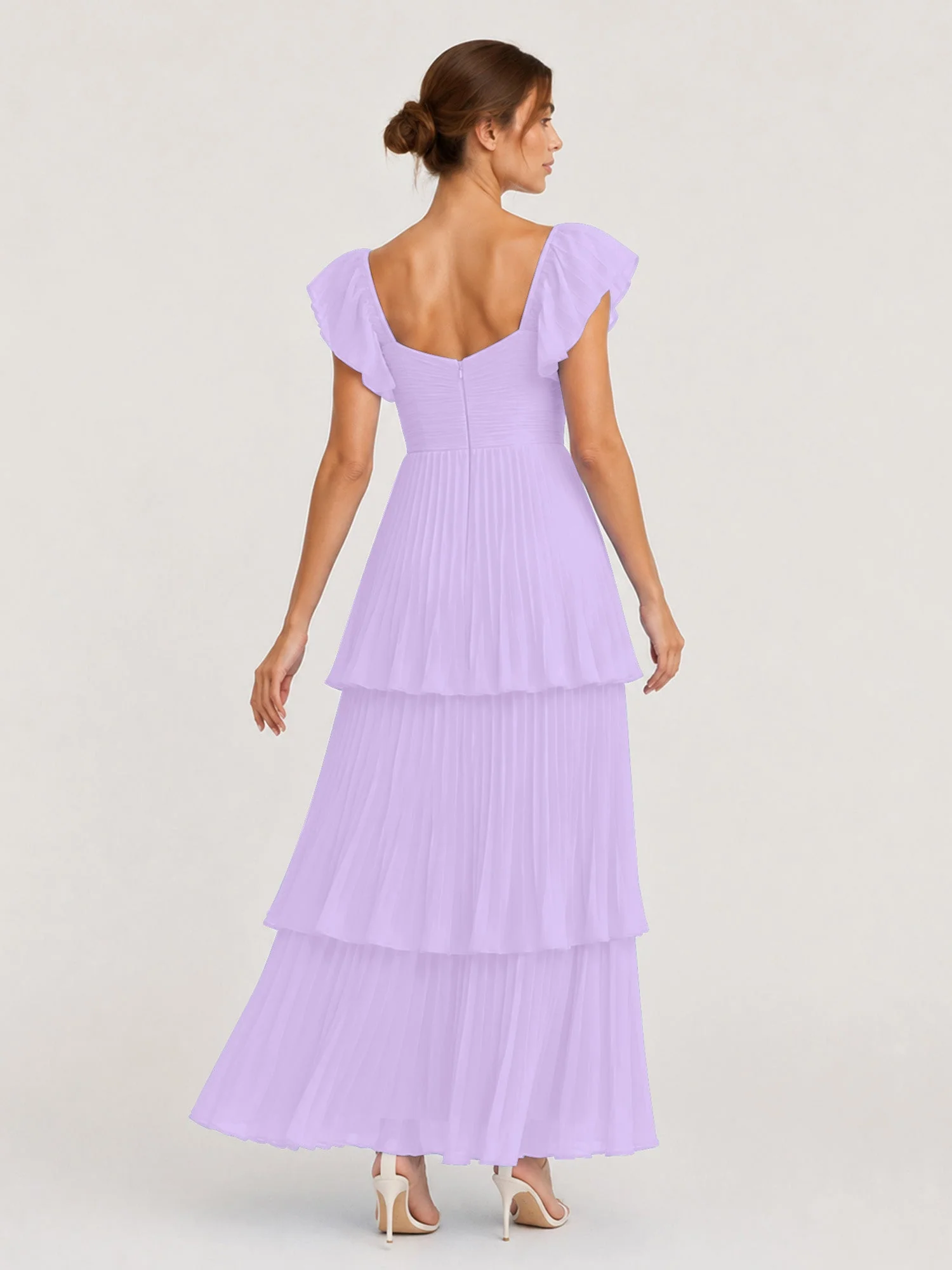 Gestuftes Plissiertes Chiffon Maxikleid mit Flatterärmeln Lila - Image 2