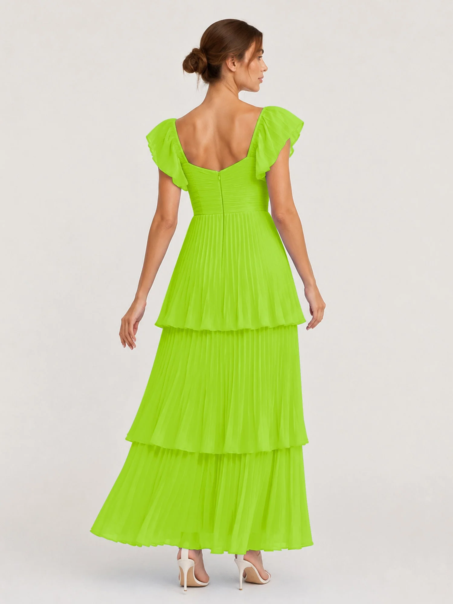 Gestuftes Plissiertes Chiffon Maxikleid mit Flatterärmeln Lindgrün - Image 2