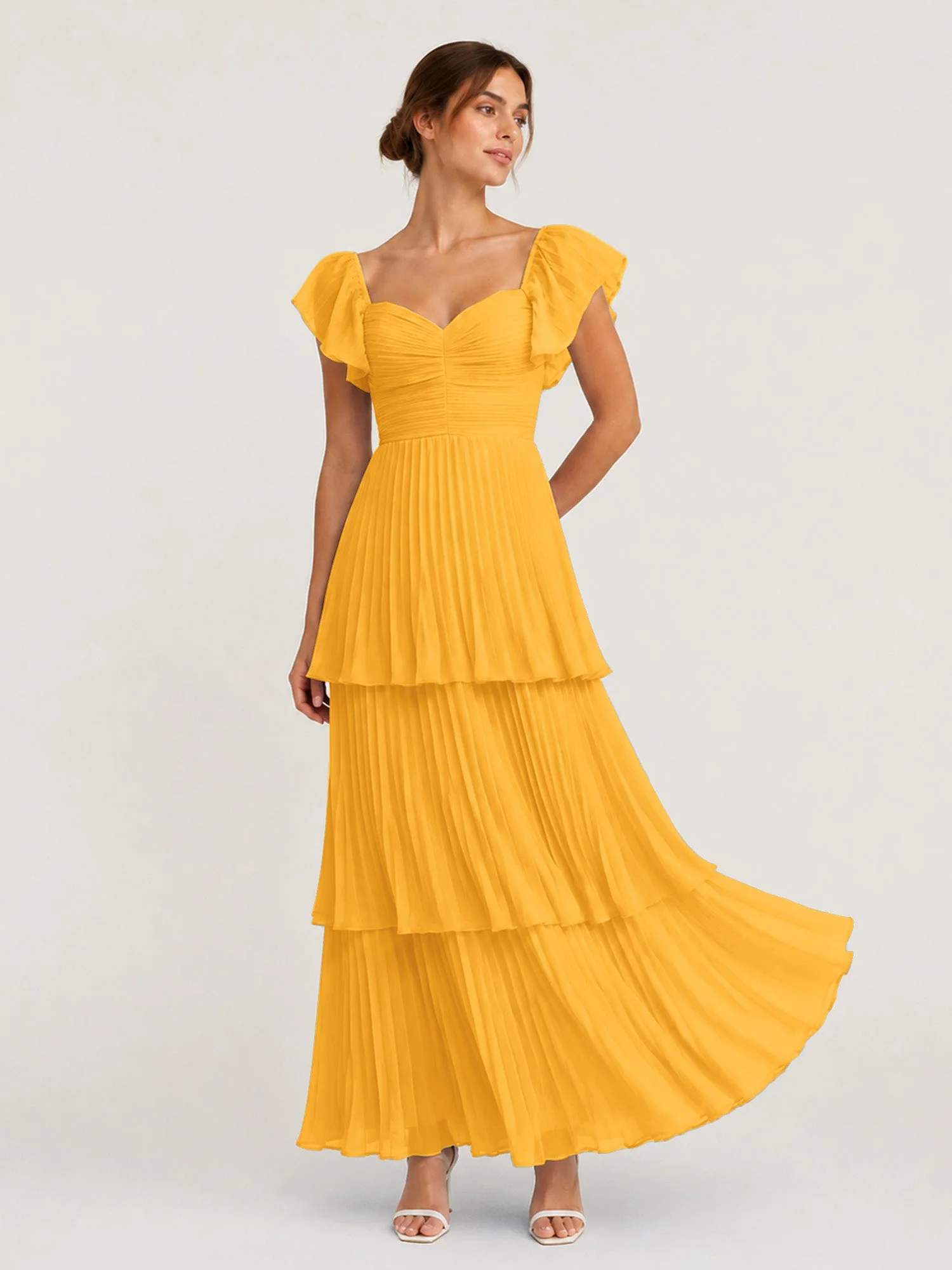 Gestuftes Plissiertes Chiffon Maxikleid mit Flatterärmeln Mandarine