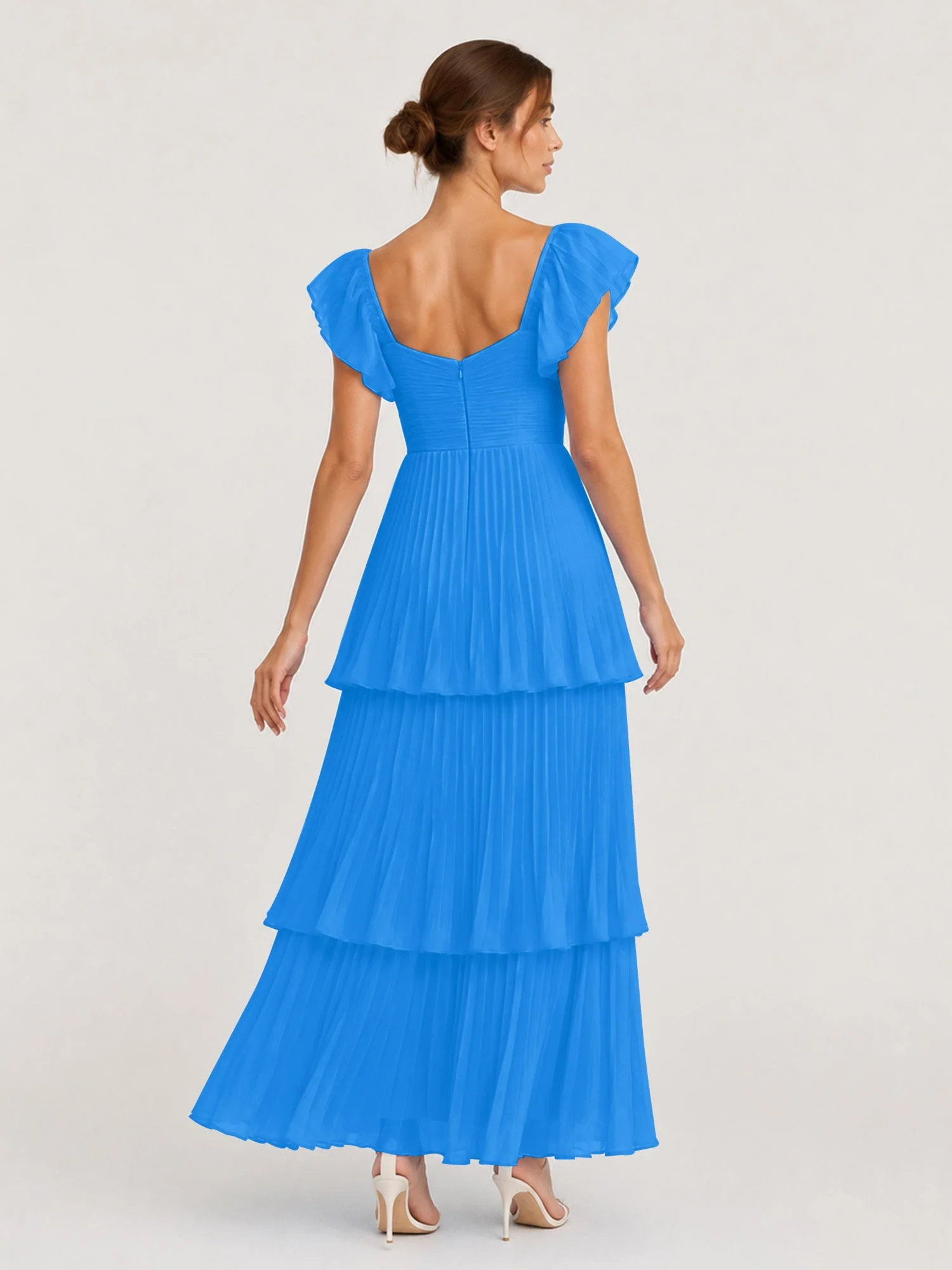 Gestuftes Plissiertes Chiffon Maxikleid mit Flatterärmeln Meerblau - Image 2