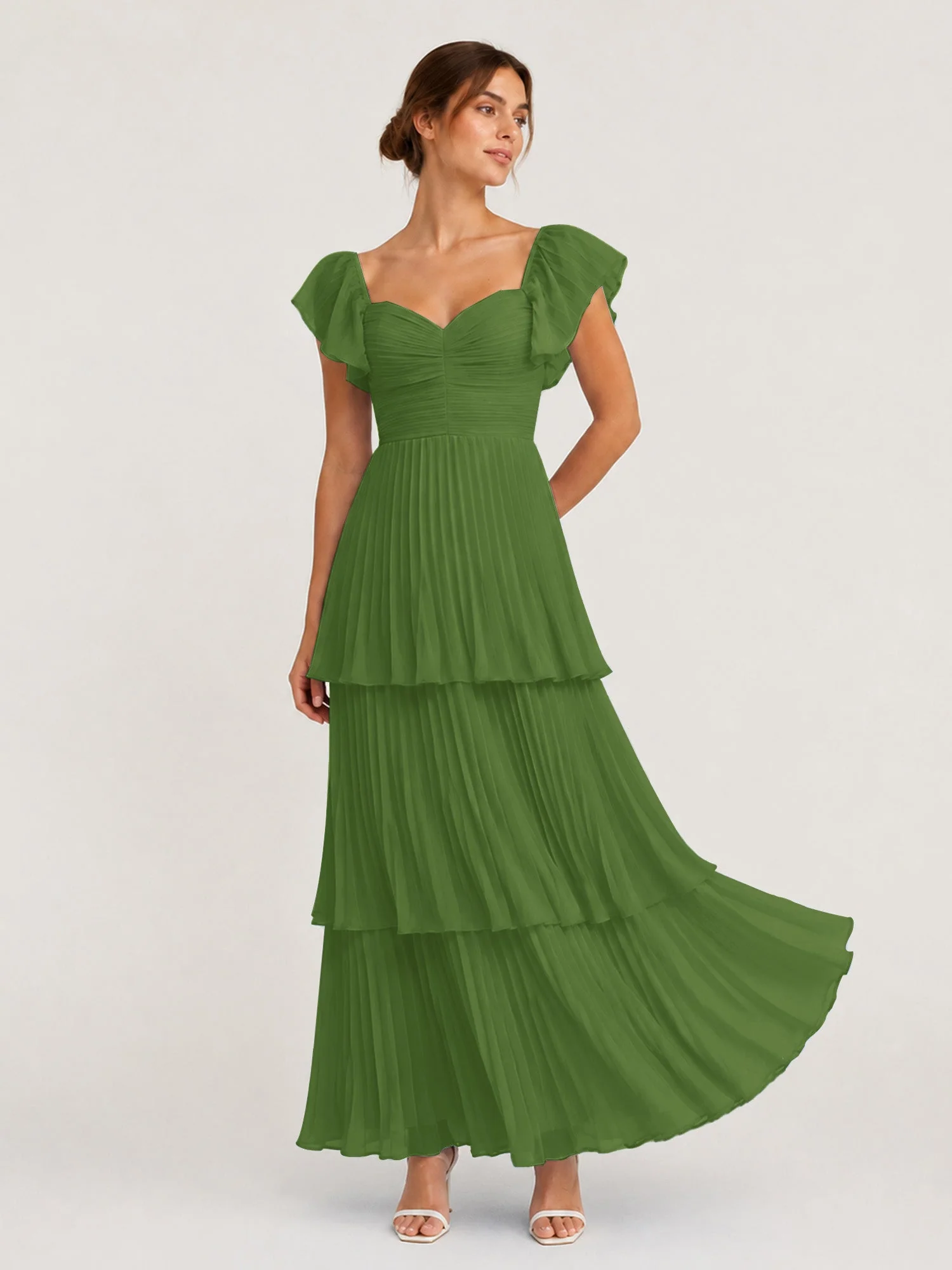 Gestuftes Plissiertes Chiffon Maxikleid mit Flatterärmeln Moos
