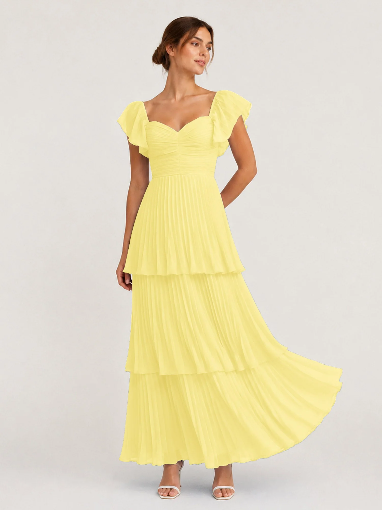 Gestuftes Plissiertes Chiffon Maxikleid mit Flatterärmeln Narzisse