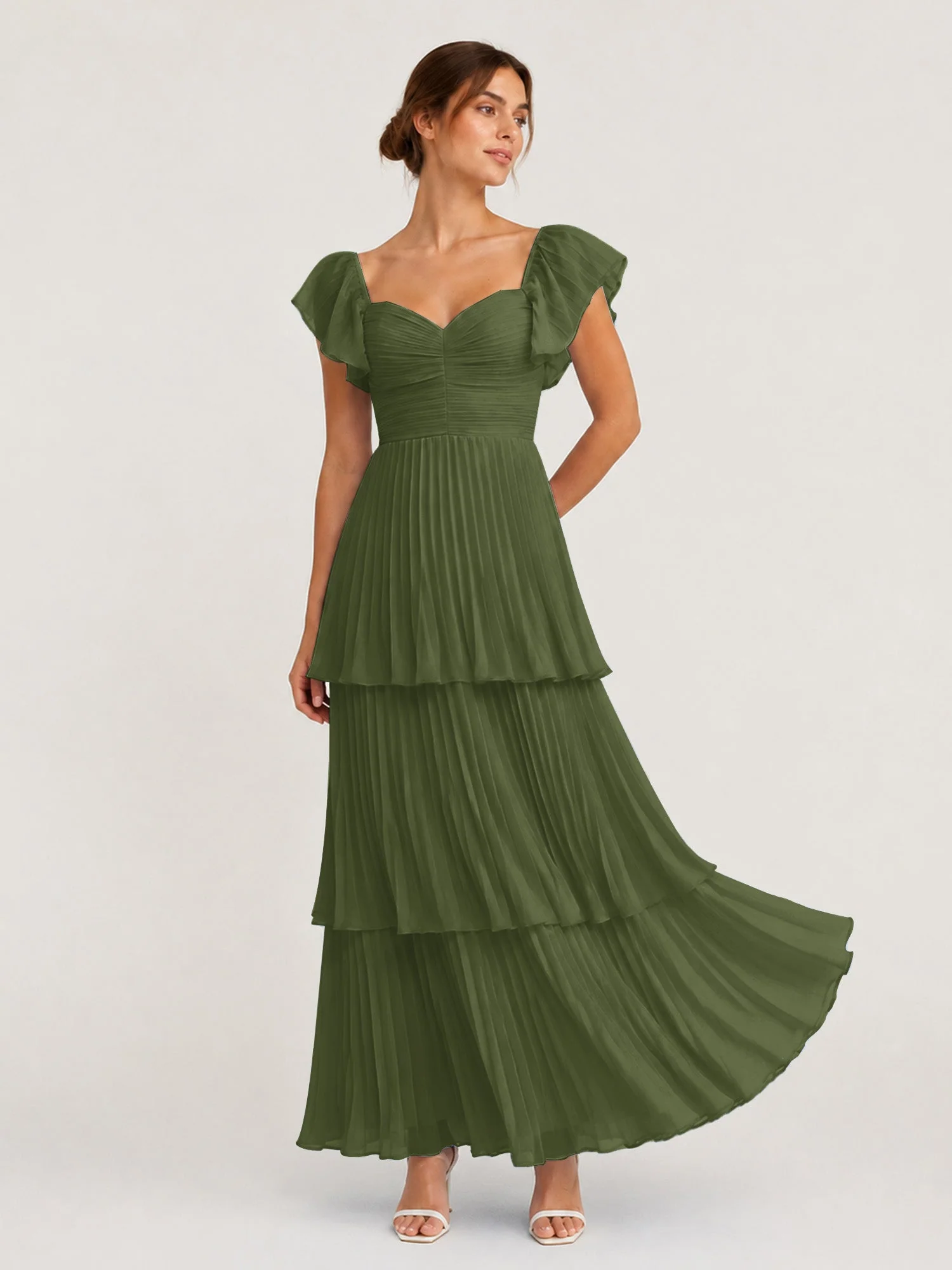 Gestuftes Plissiertes Chiffon Maxikleid mit Flatterärmeln Olivgrün