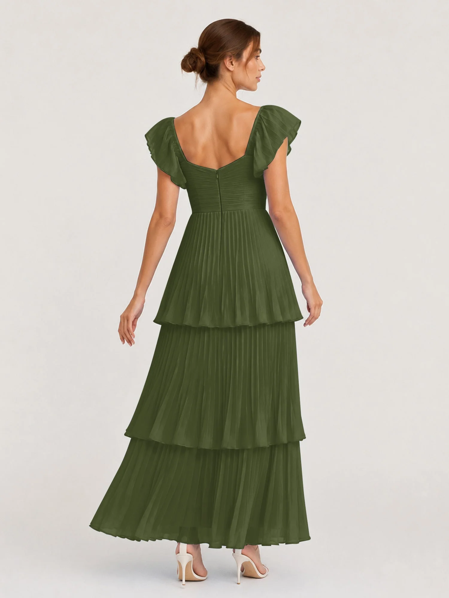 Gestuftes Plissiertes Chiffon Maxikleid mit Flatterärmeln Olivgrün - Image 2